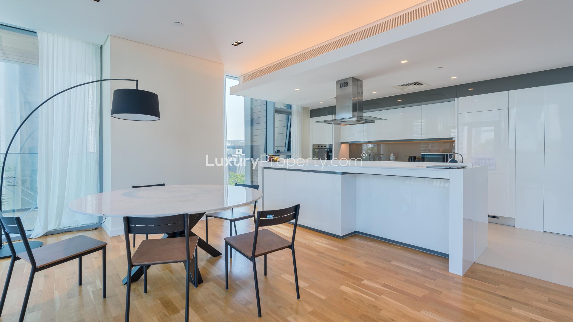 Furnished apartment living room with garden view in Bluewaters Residences, two bedrooms, for sale