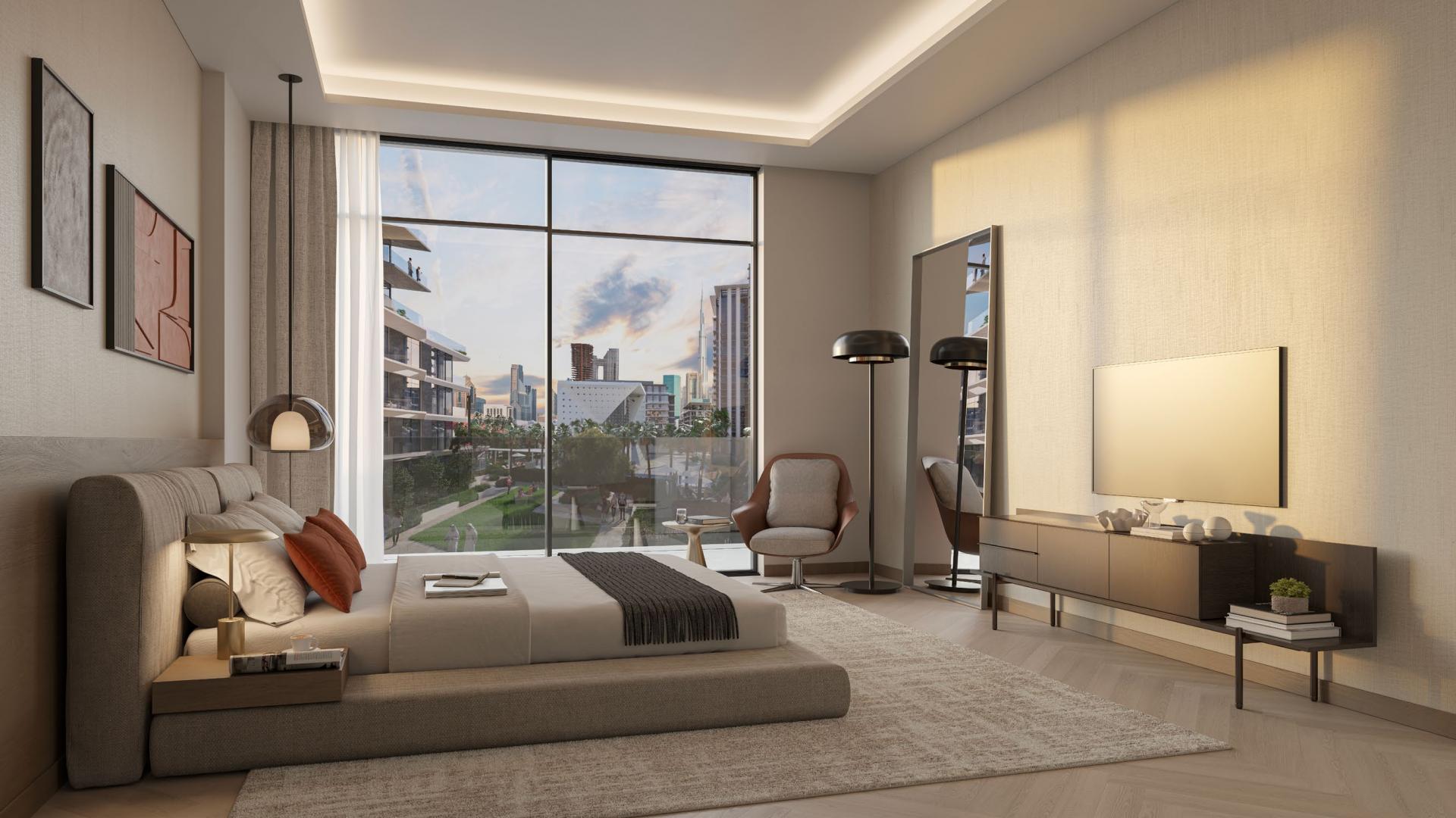 Modern bedroom interior in City Walk Northline apartment with large window and stylish decor