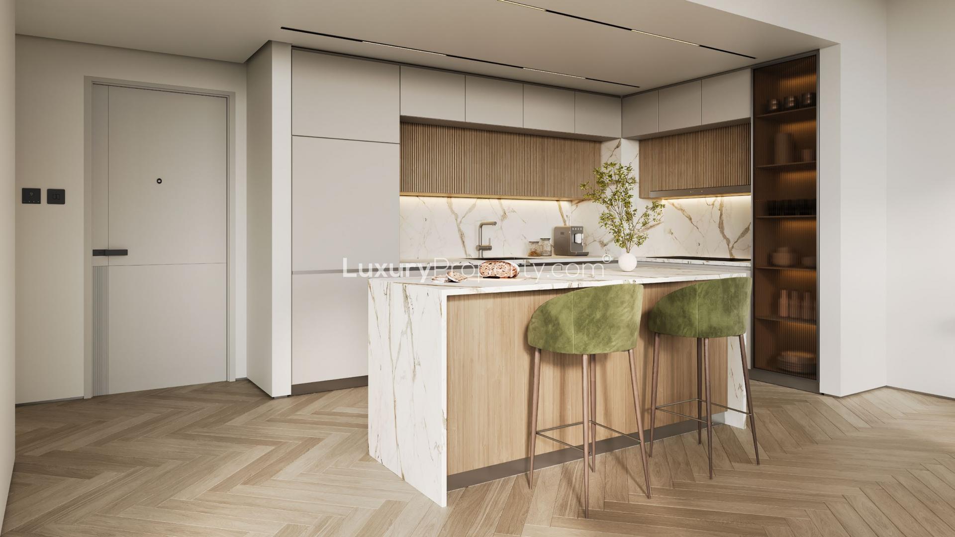 N/A,Modern kitchen in City Walk Northline apartment, featuring marble countertops and stylish cabinetry