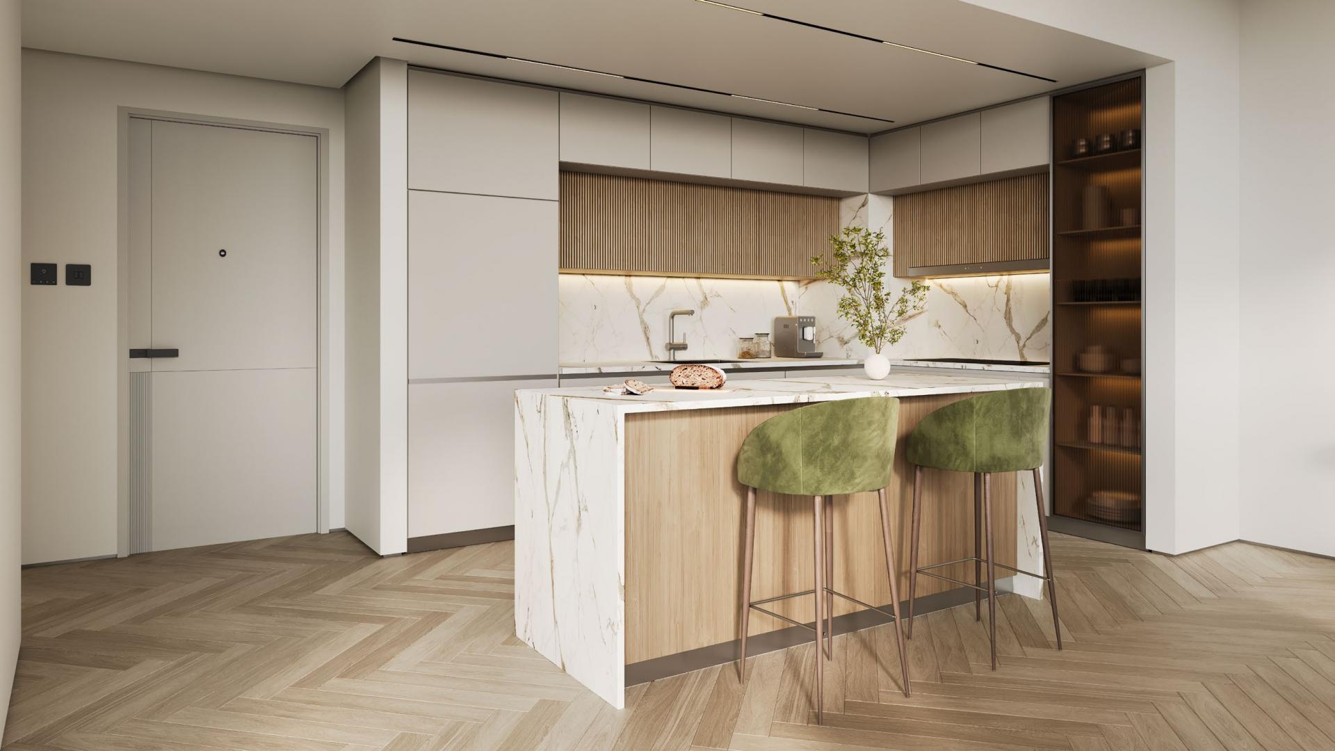 N/A,Modern kitchen in City Walk Northline apartment, featuring marble countertops and stylish cabinetry