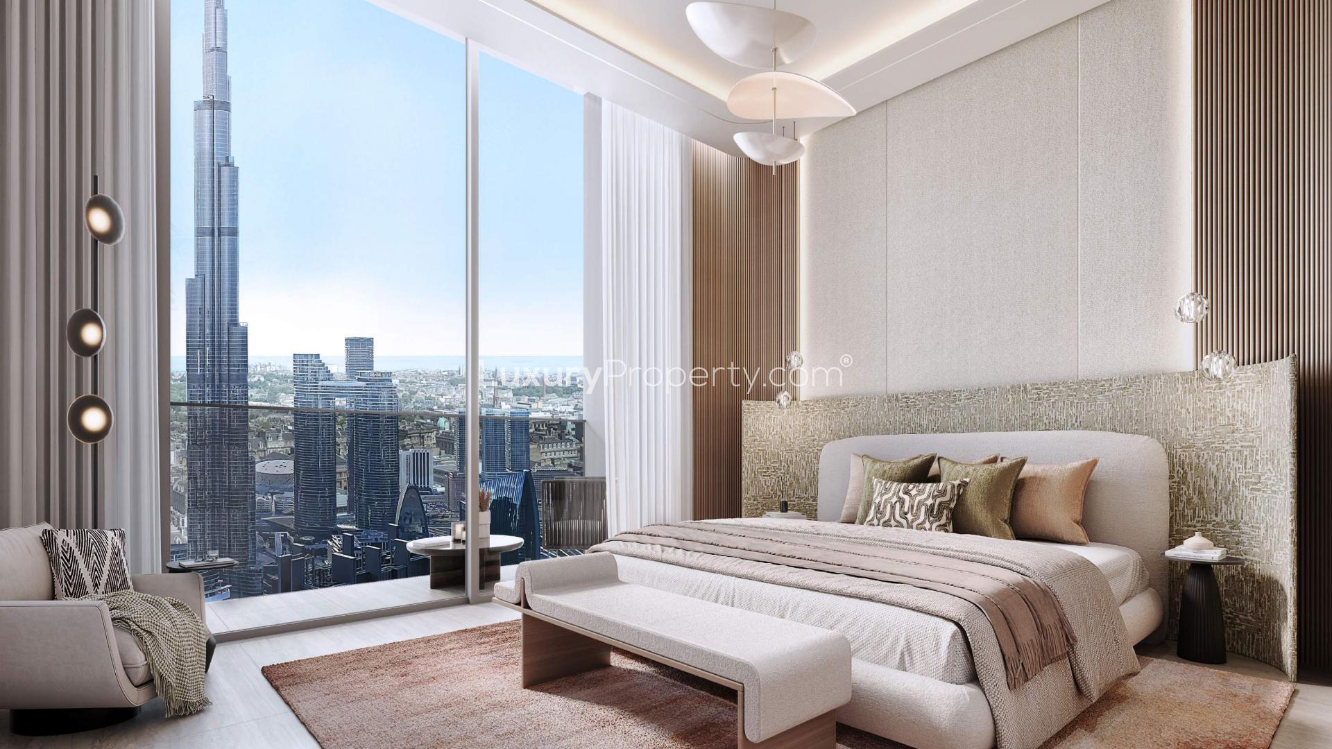 Luxurious bedroom with Burj Khalifa view at Rixos Downtown Dubai Residences, 2-bedroom apartment