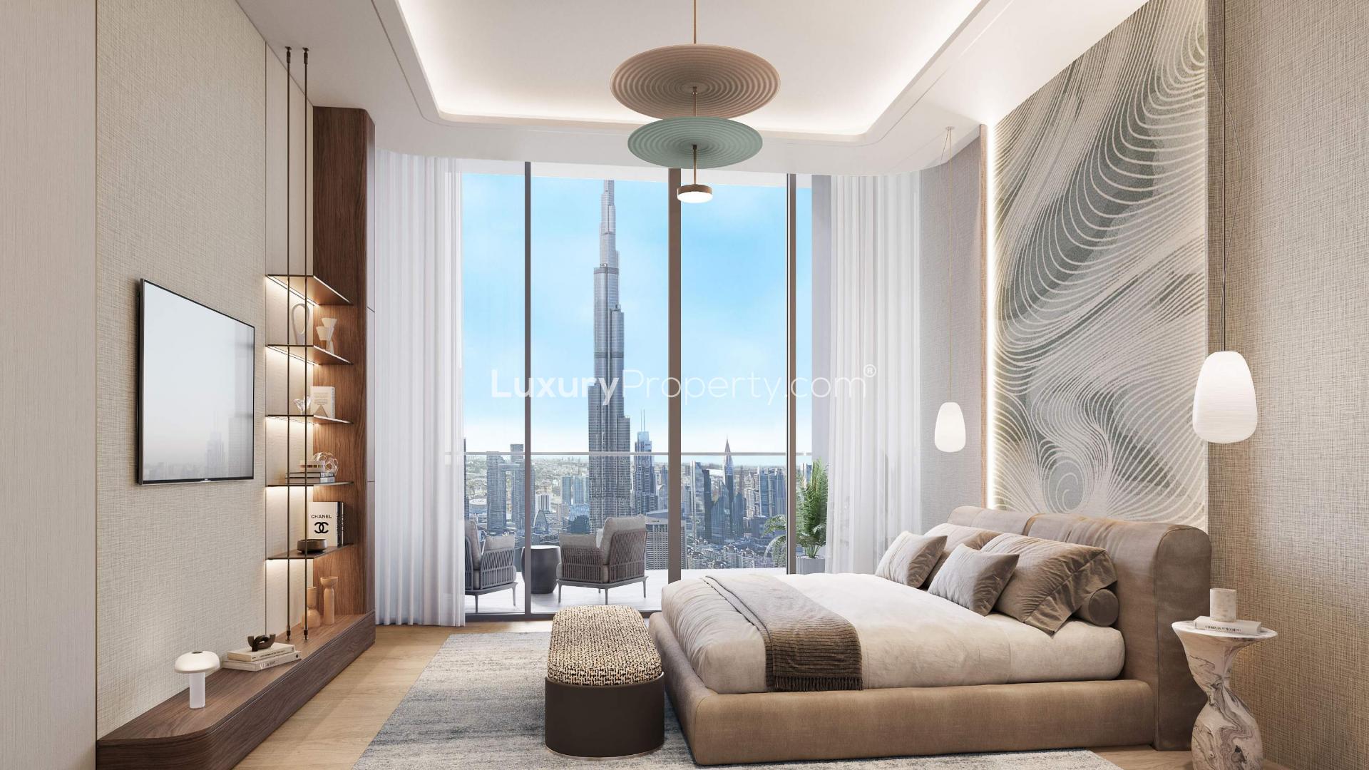 Luxurious living room in Rixos 2-bedroom apartment, Downtown Dubai with city skyline views