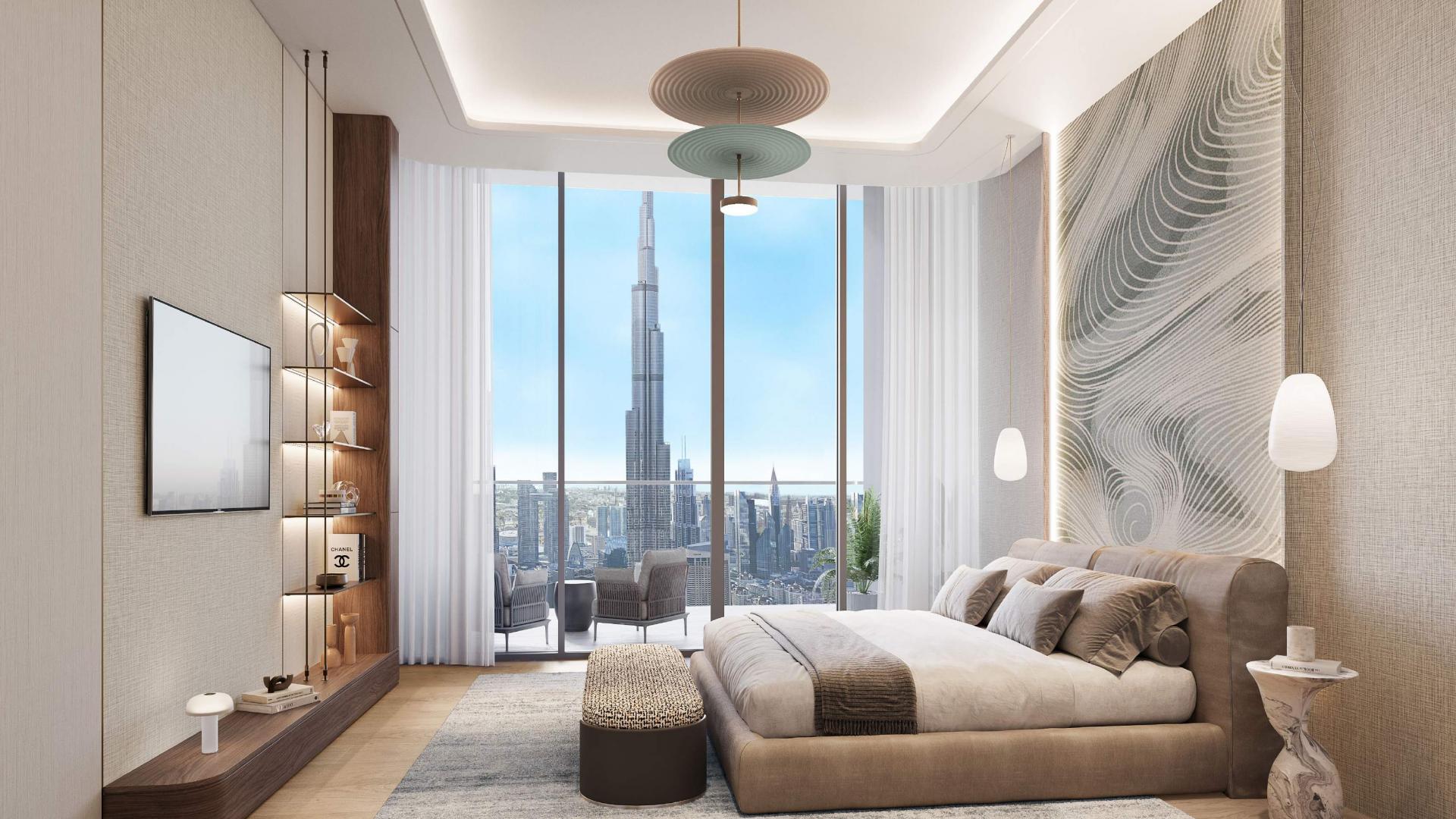 Luxurious living room in Rixos 2-bedroom apartment, Downtown Dubai with city skyline views