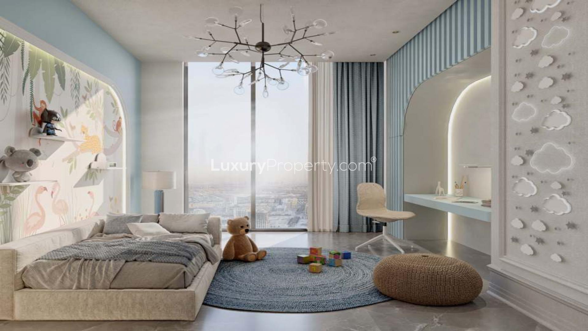 Modern living room in Helvetia Residences apartment, Jumeirah Village Circle, featuring stylish furniture