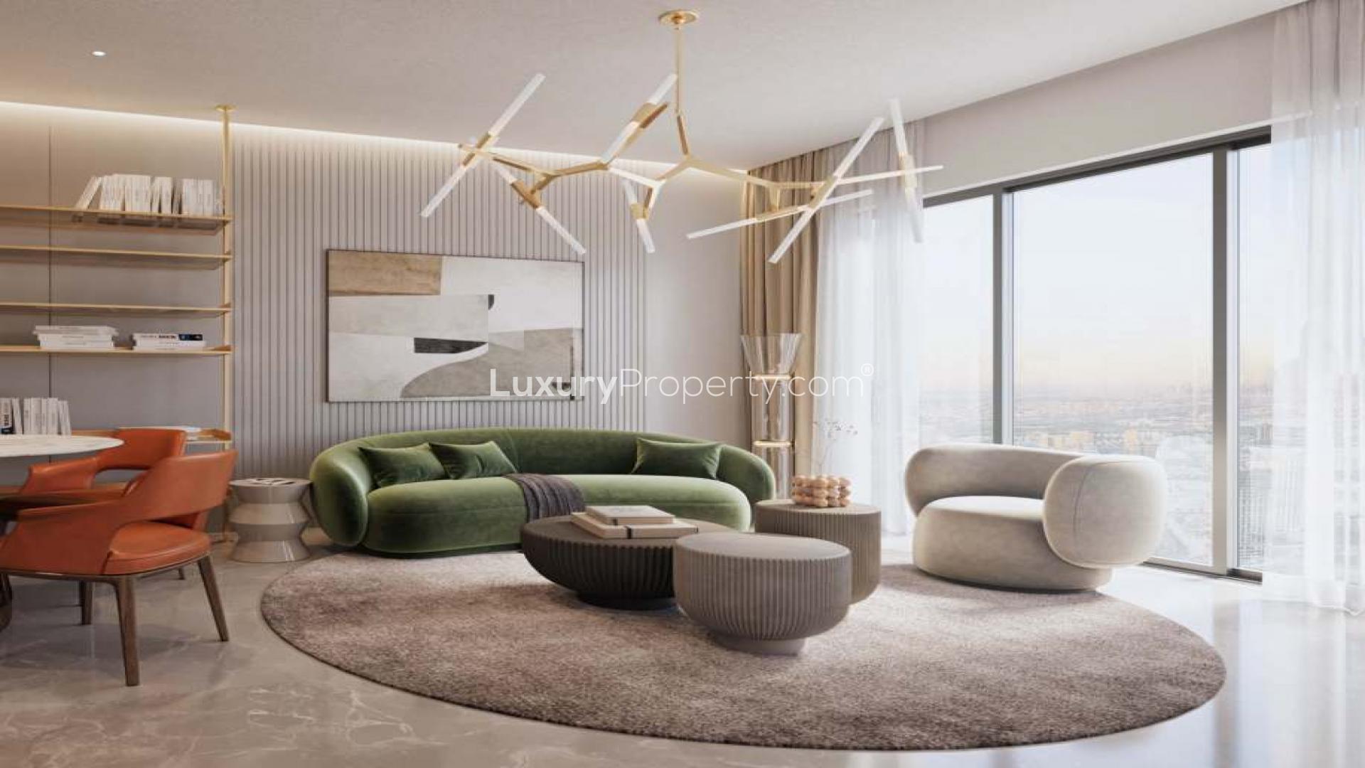 Modern kitchen with marble dining table in Helvetia Residences, Jumeirah Village Circle apartment