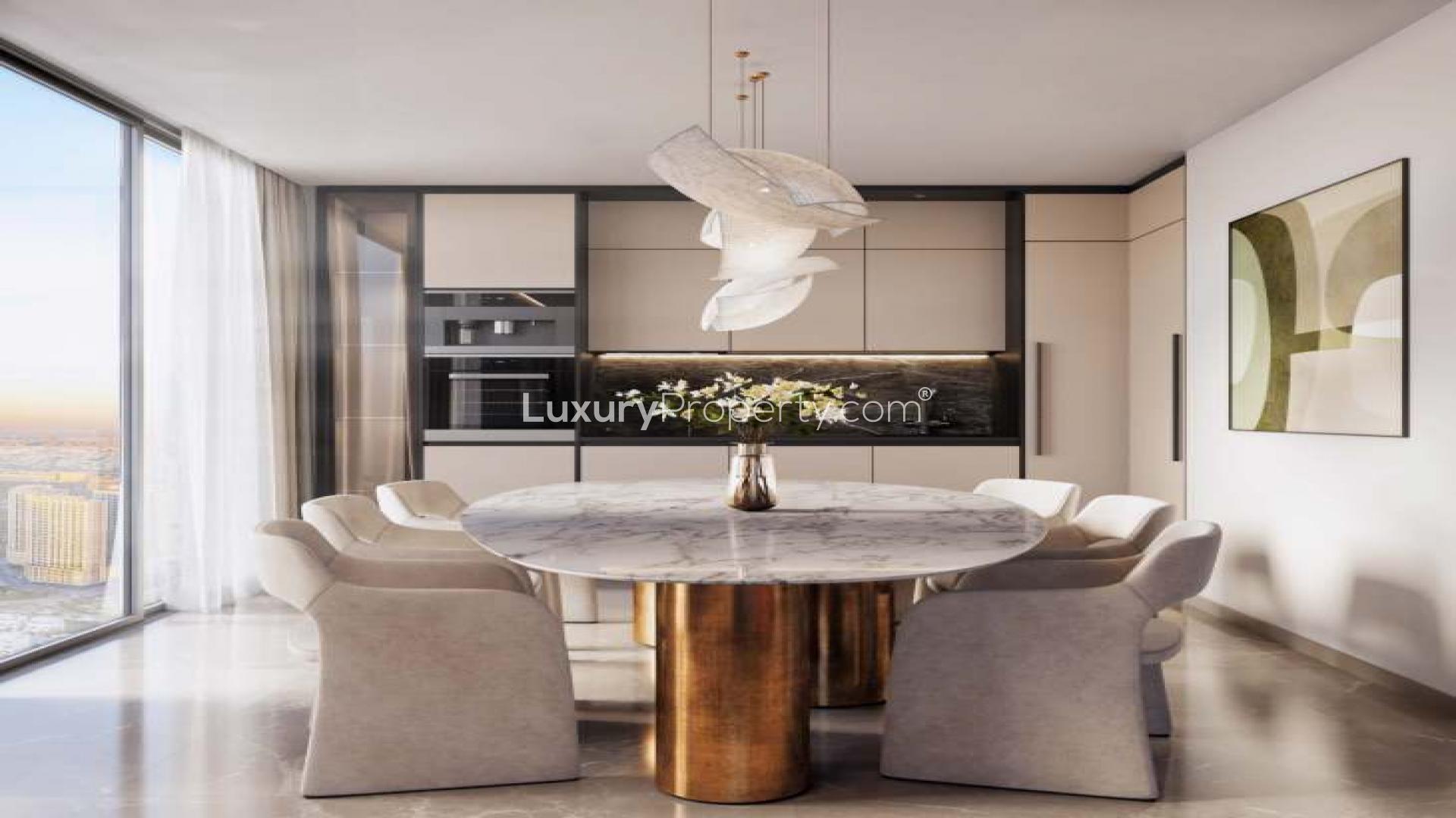 Modern living room in Helvetia Residences, Jumeirah Village Circle, featuring elegant furniture