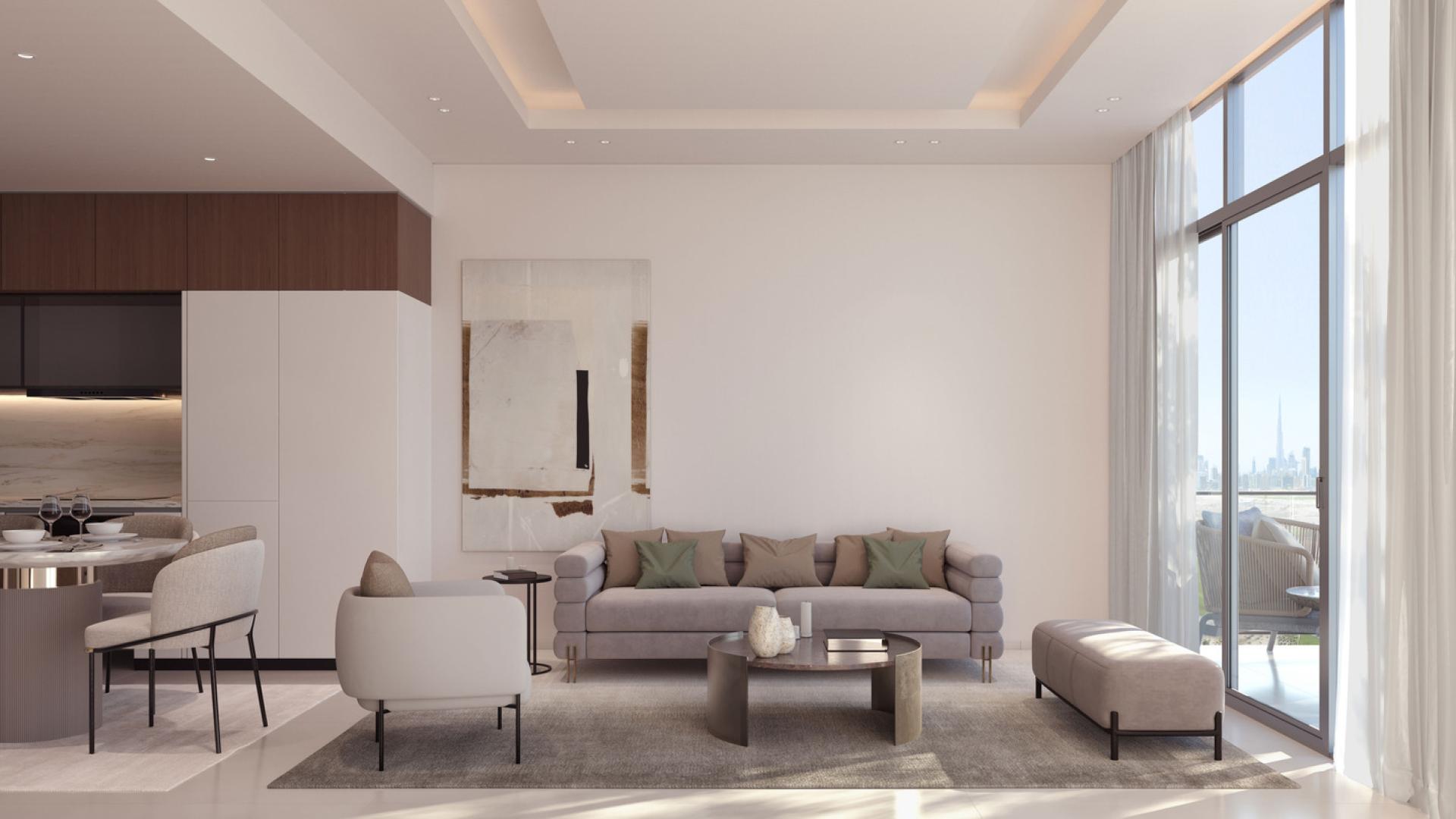 Modern living room and kitchen in Skyhills Residences, Dubai Science Park apartment for sale