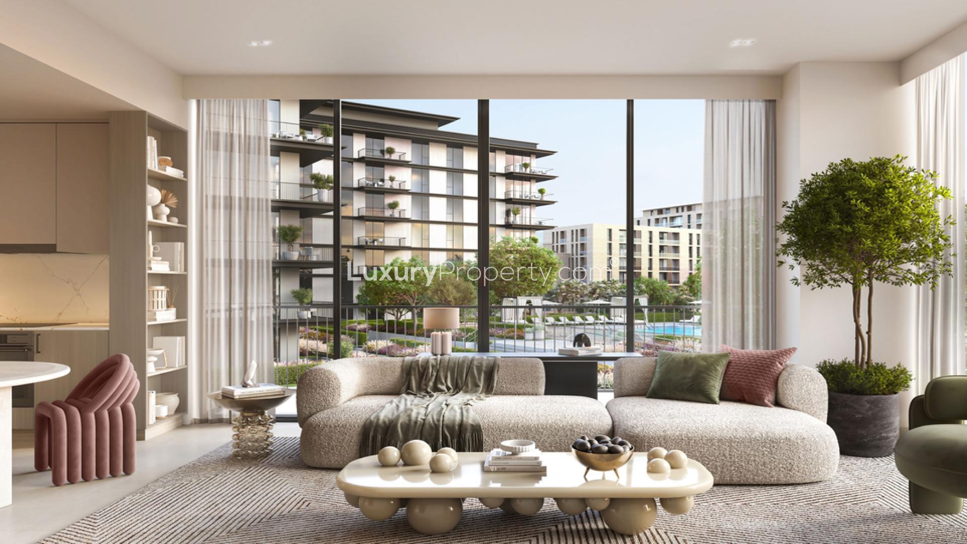 Elegant bedroom view in Ocean Cove apartment, Dubai with pool and modern decor