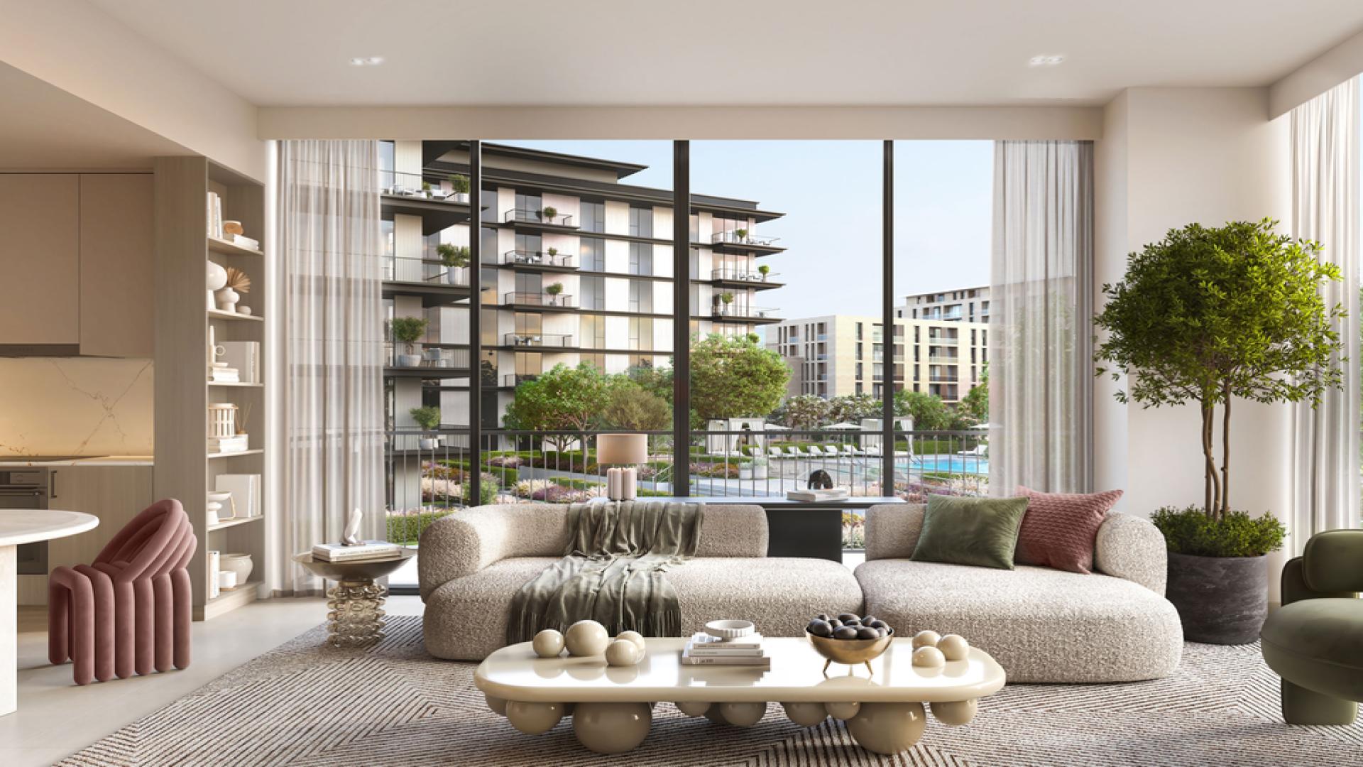 Elegant bedroom view in Ocean Cove apartment, Dubai with pool and modern decor