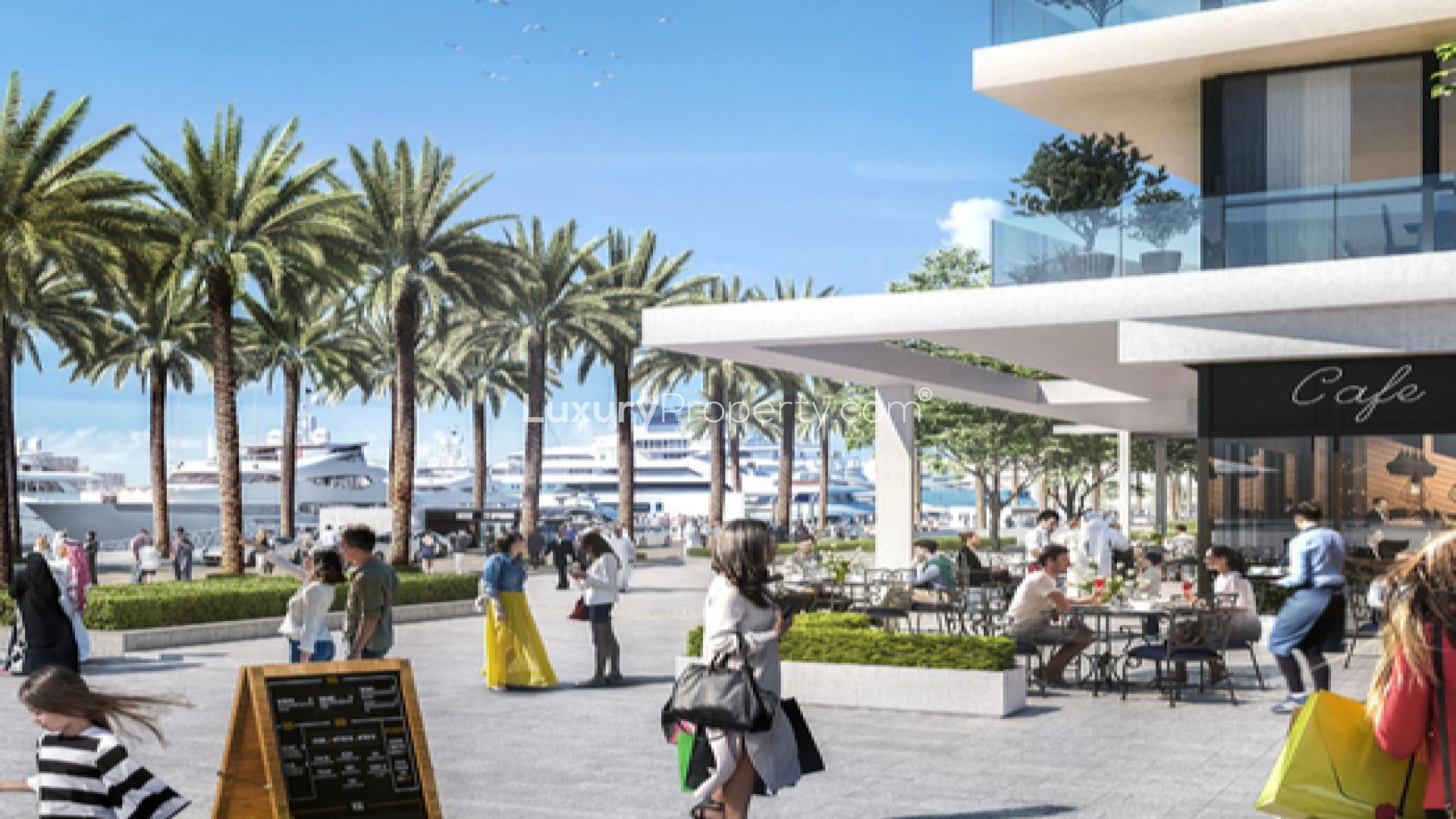 Elegant Ocean Cove apartment view with pool and garden, Rashid Yachts and Marina, Dubai