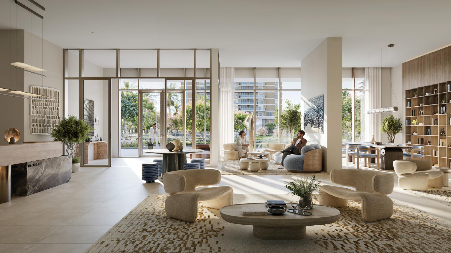 Luxurious poolside view at Dubai Creek Harbour apartment complex, Altus community, evening ambiance