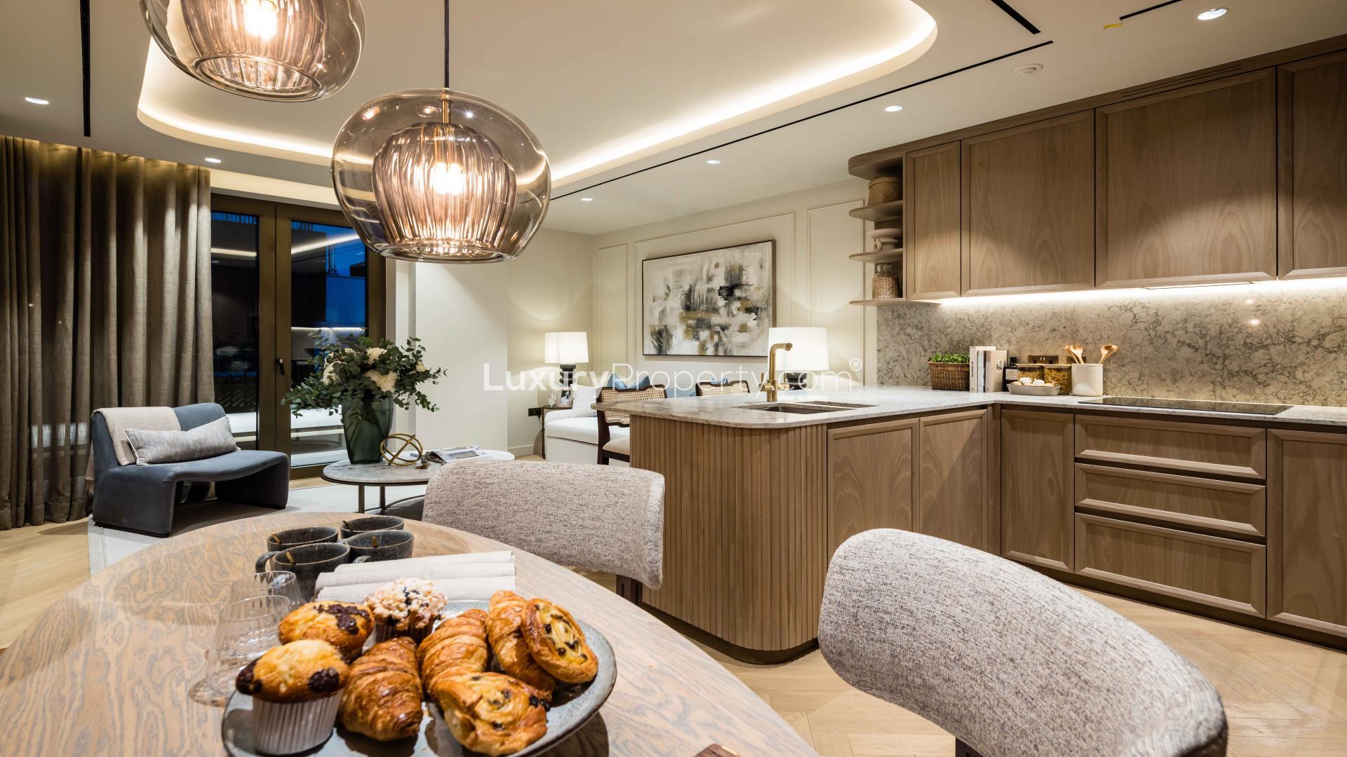 Modern dining area in stylish West End apartment, TCRW Soho, London. LP42258