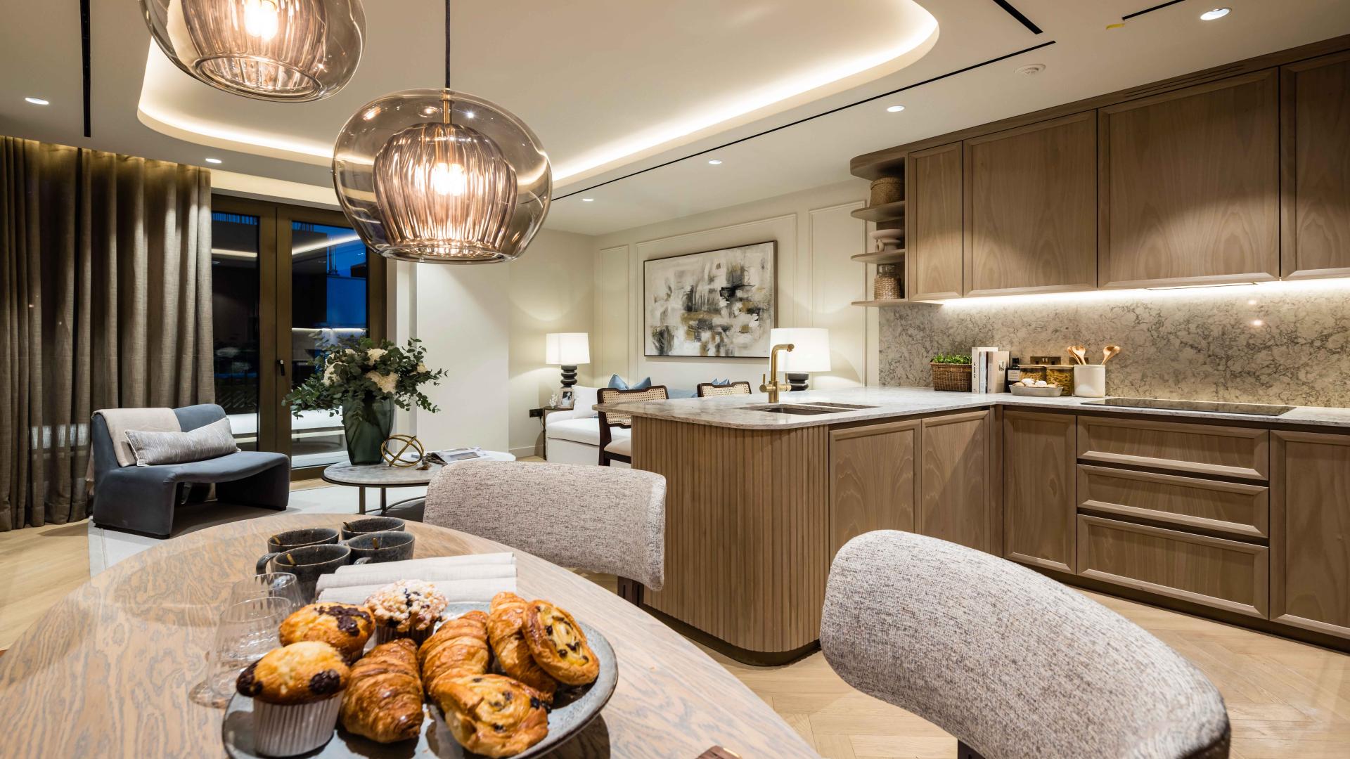 Modern dining area in stylish West End apartment, TCRW Soho, London. LP42258