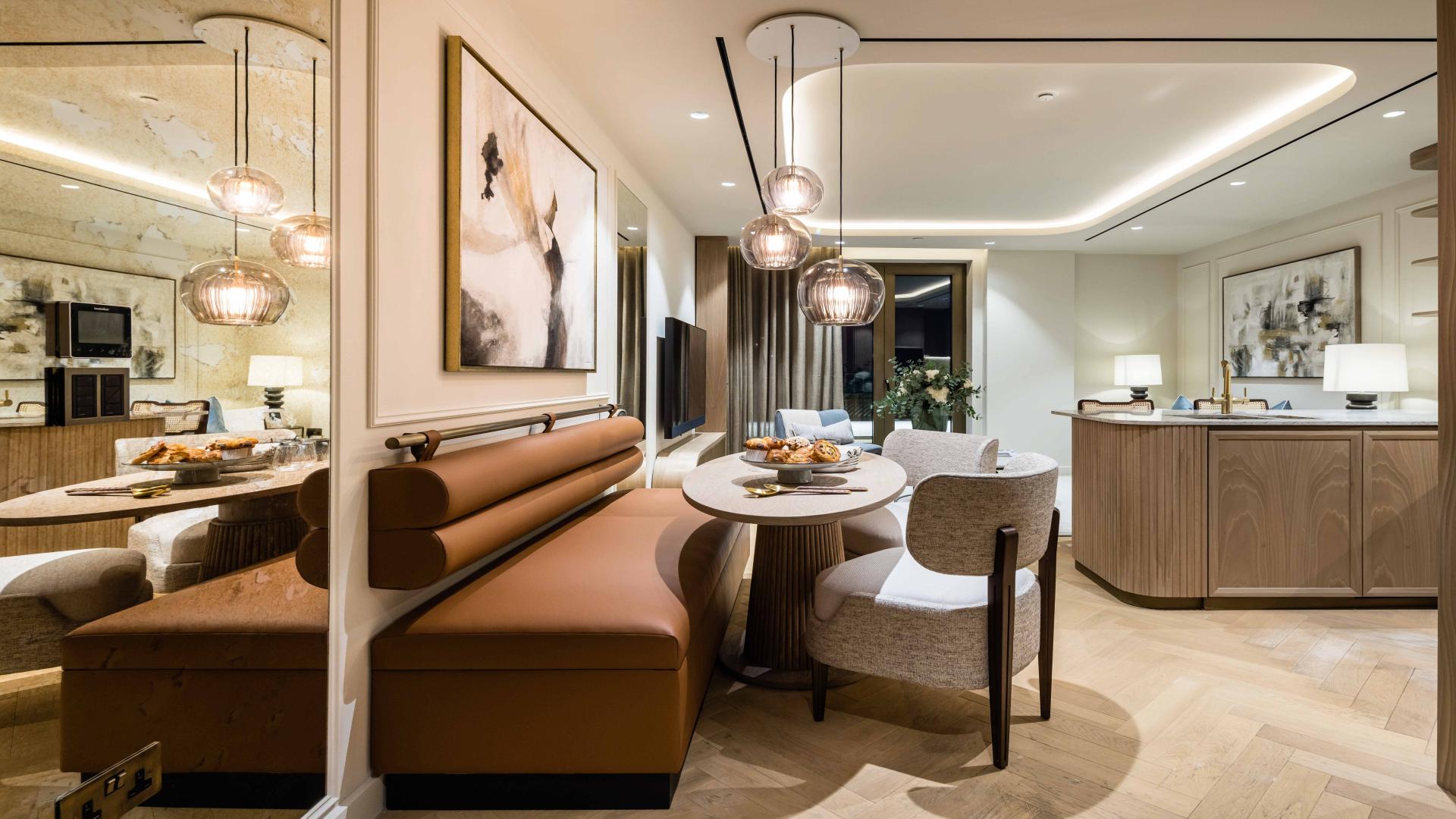 Stylish living room in modern West End apartment, TCRW Soho, London, for sale