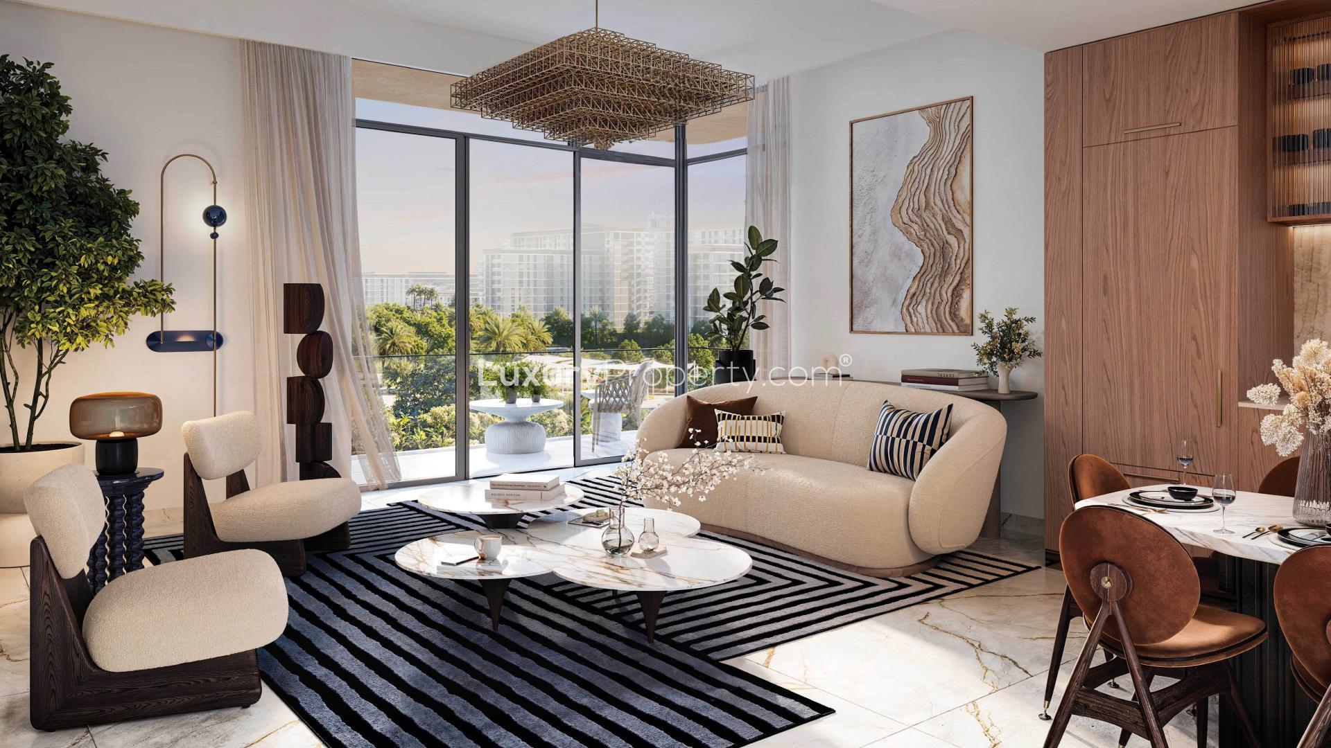 Luxurious lobby at Address Residences, Dubai Hills Estate apartment, featuring modern decor and seating