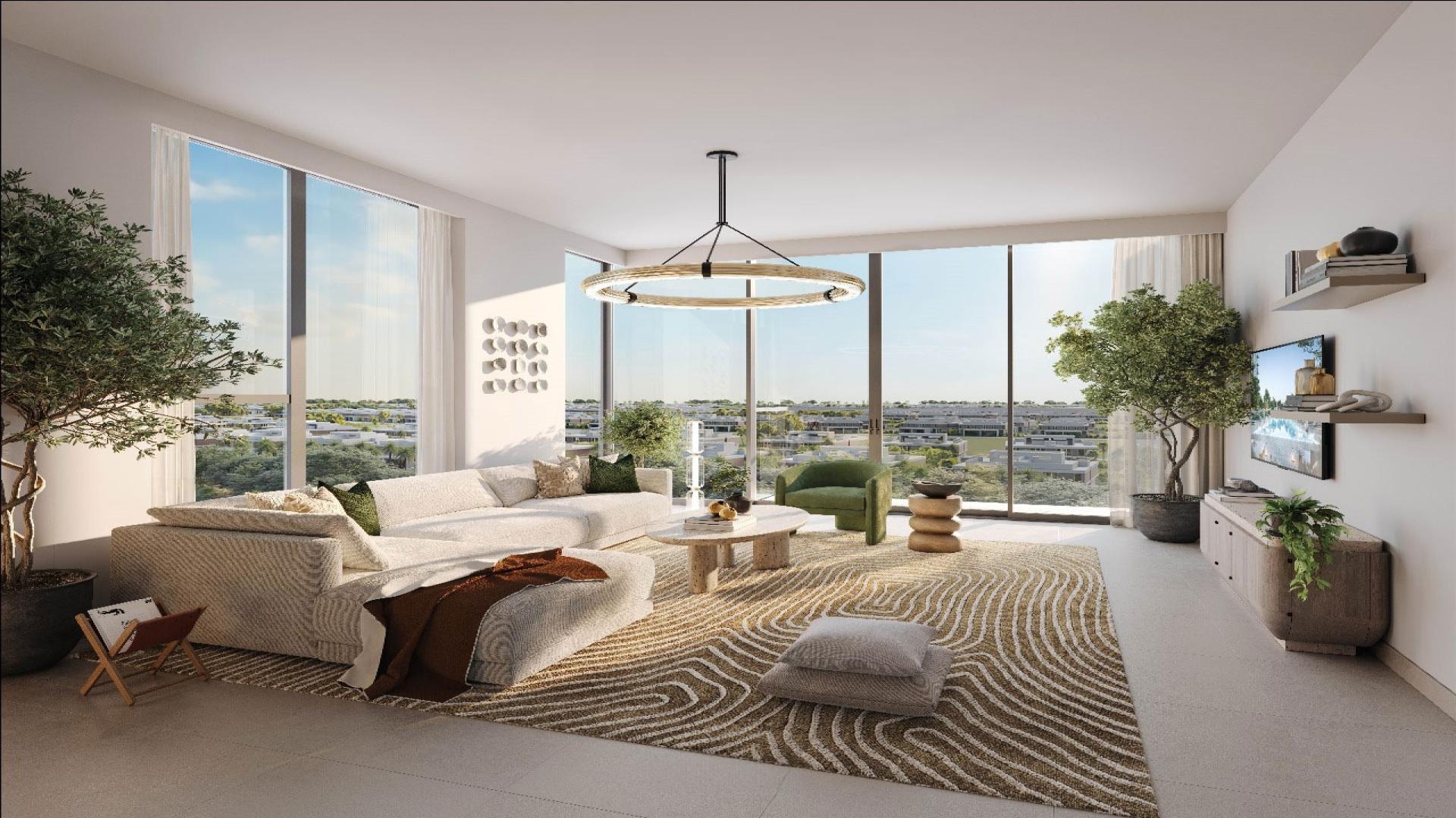 Luxurious living room in Dubai Hills Estate apartment with modern decor and large windows