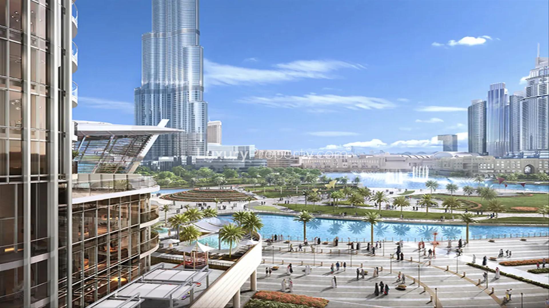 Luxury living room in 2-bedroom apartment, Downtown Dubai, with modern decor and city views