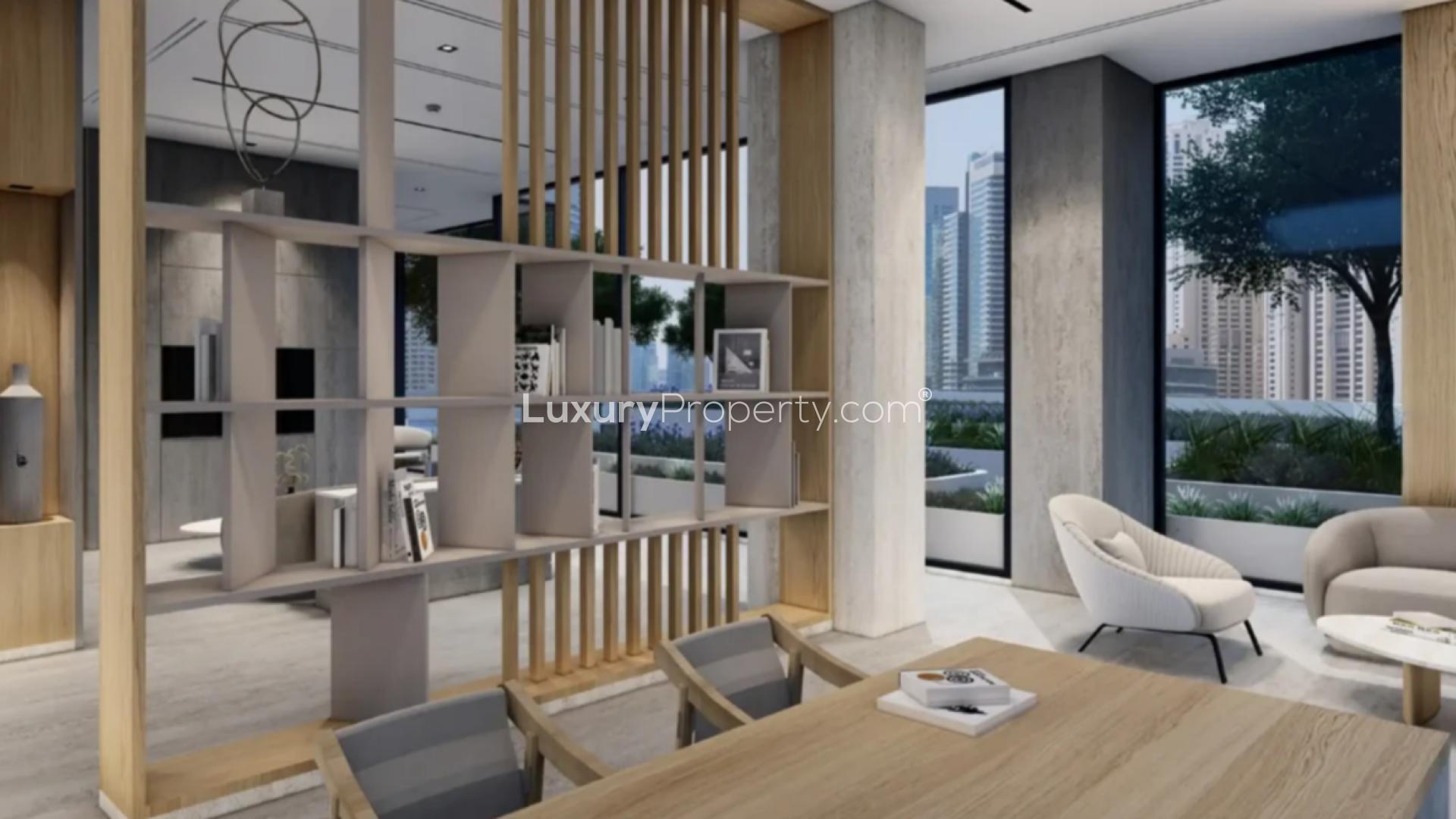 Aerial view of Dubai Marina skyline highlighting modern residential apartments and waterfront