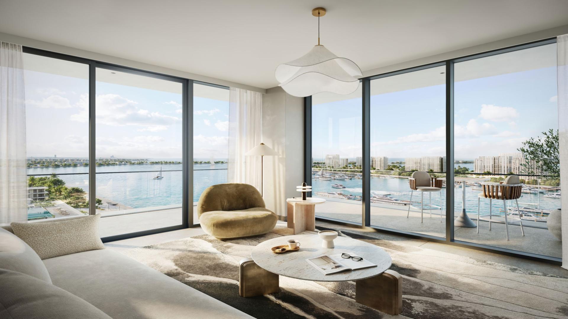 "Stunning living room view from 2-bedroom apartment in Marina Place 1, Rashid Yachts.",Luxurious lobby of Marina Place 1 apartment, Rashid Yachts and Marina, elegant interior design