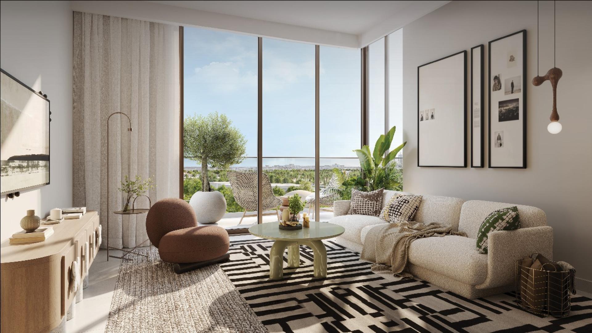 Modern living room in Hillsedge Apartment, Dubai Hills Estate, with stylish decor and large windows