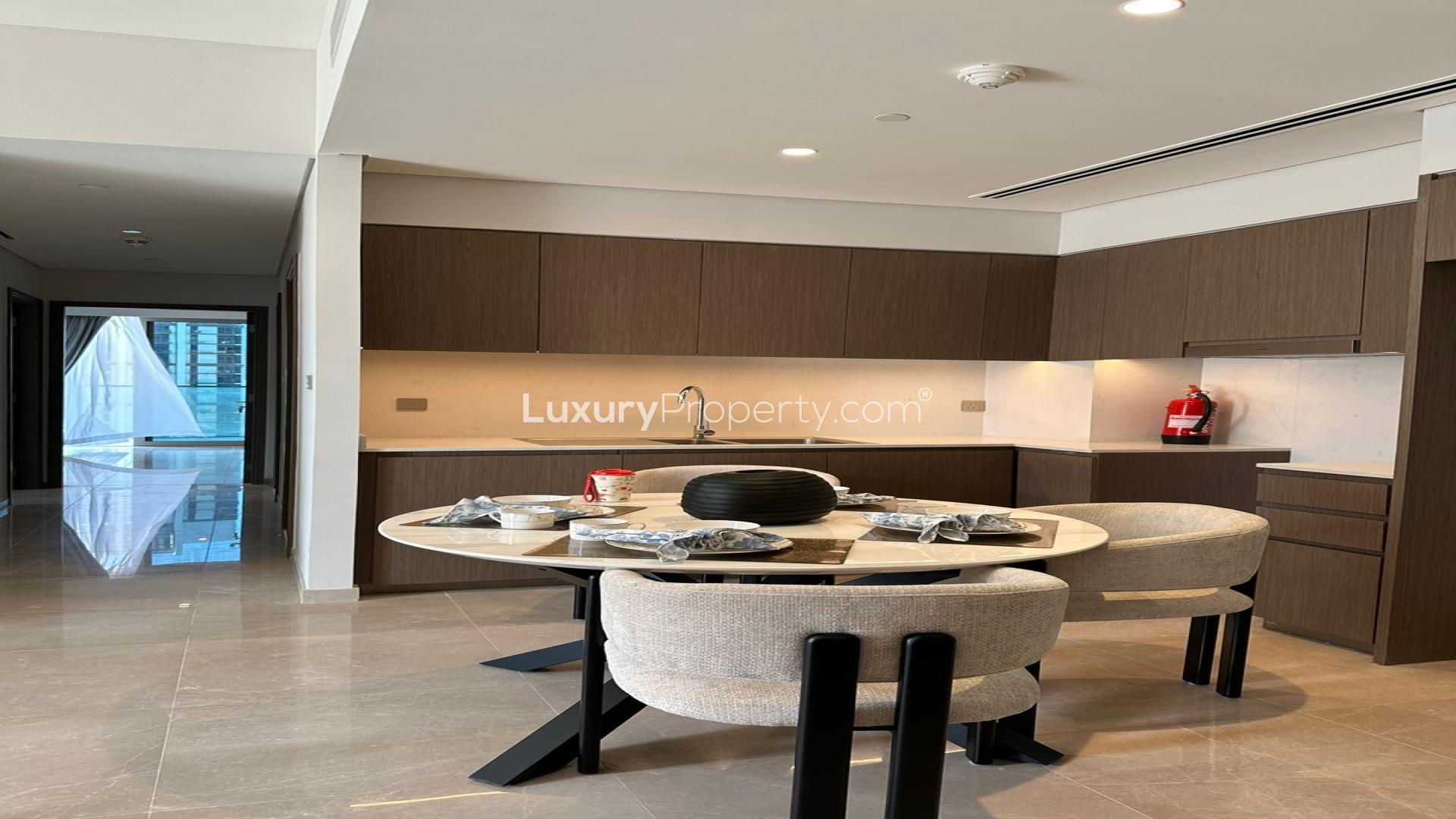 Modern bedroom in brand new Downtown Dubai apartment, Opera District, with elegant decor and lighting