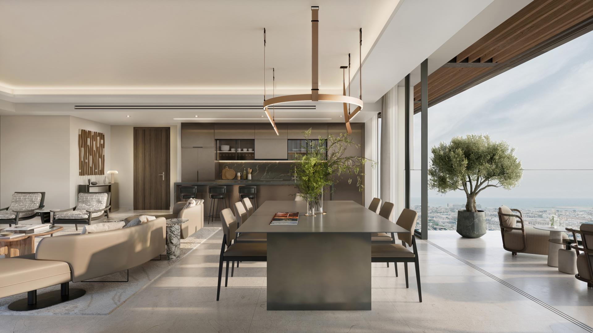 Luxurious living room in City Walk Crestlane apartment with skyline views, modern design