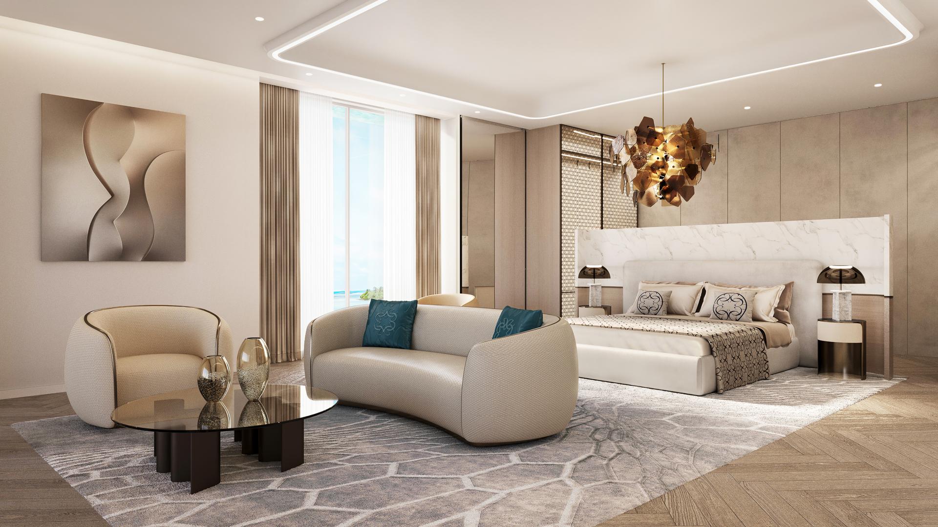 Luxurious living room in Samana Ocean Views suite, Maldives with pool-facing view