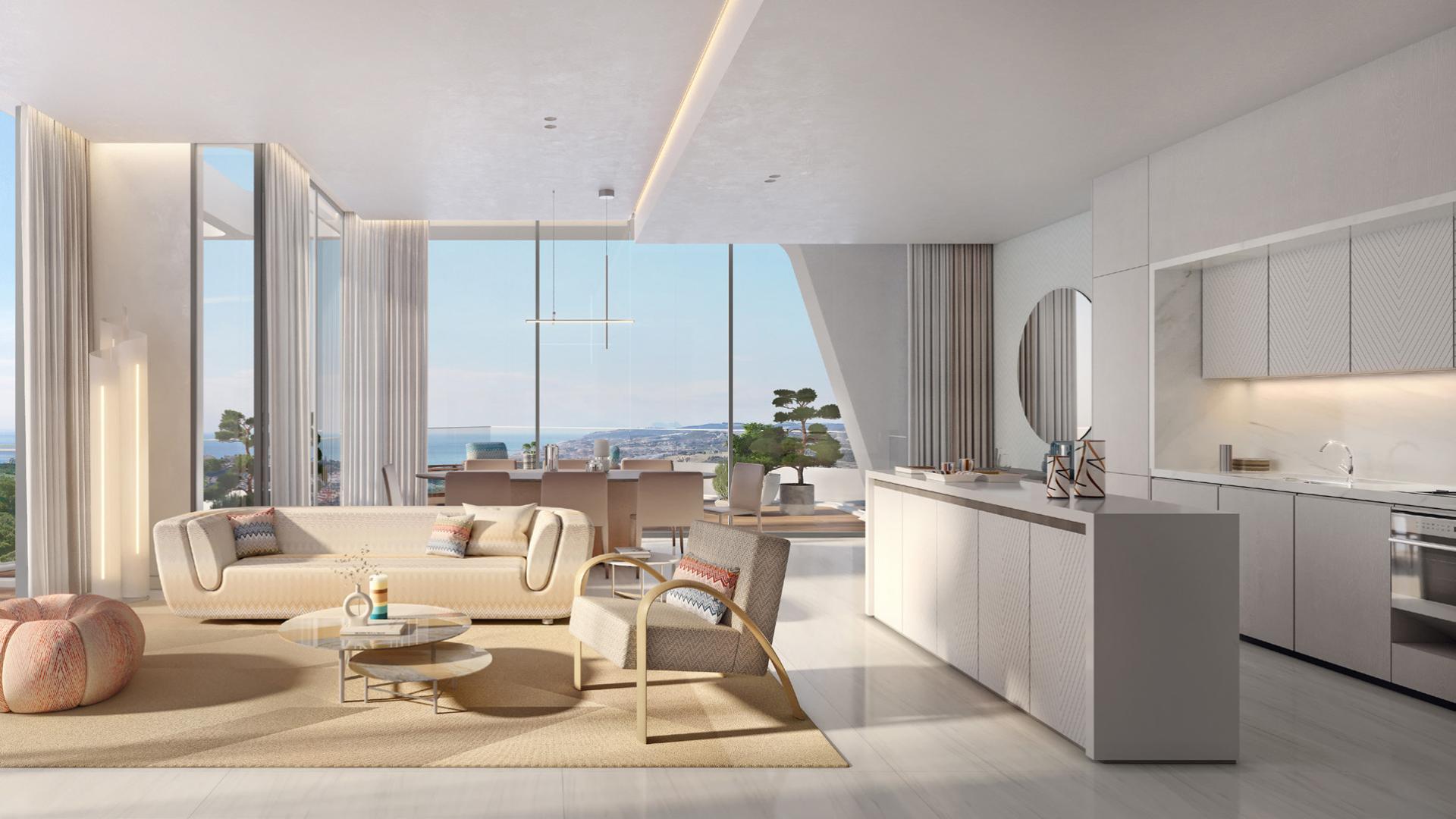 Luxurious open-plan living area in 2-bedroom apartment, Marea by Missoni, Costa del Sol
