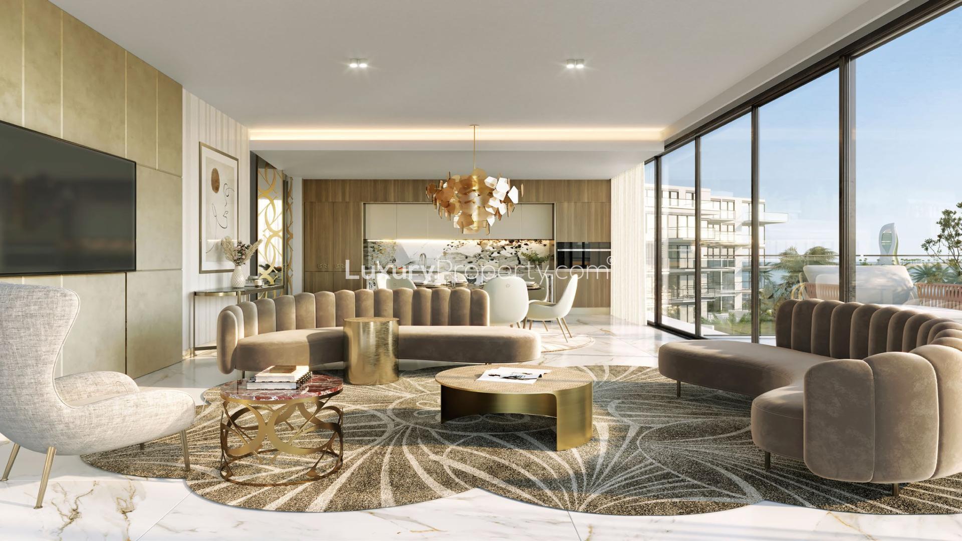 Luxurious lobby of Elie Saab Qetaifan seafront apartment in Doha, modern design, elegant decor