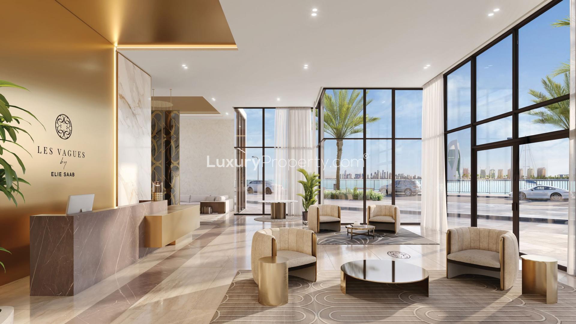 Seafront view of Elie Saab Qetaifan, Doha apartment community with modern architecture and waterfront