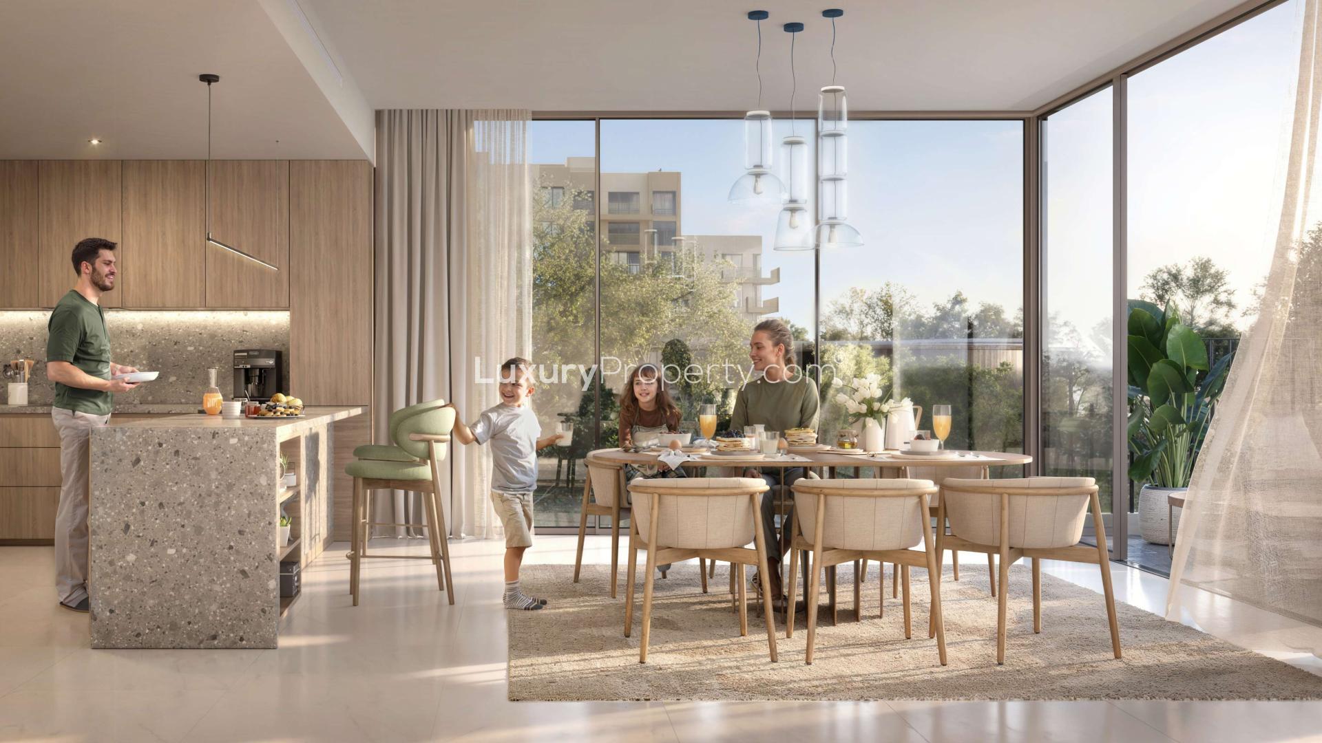 Modern living room in Ghaf Woods Capria 2-bedroom apartment, spacious and elegantly designed