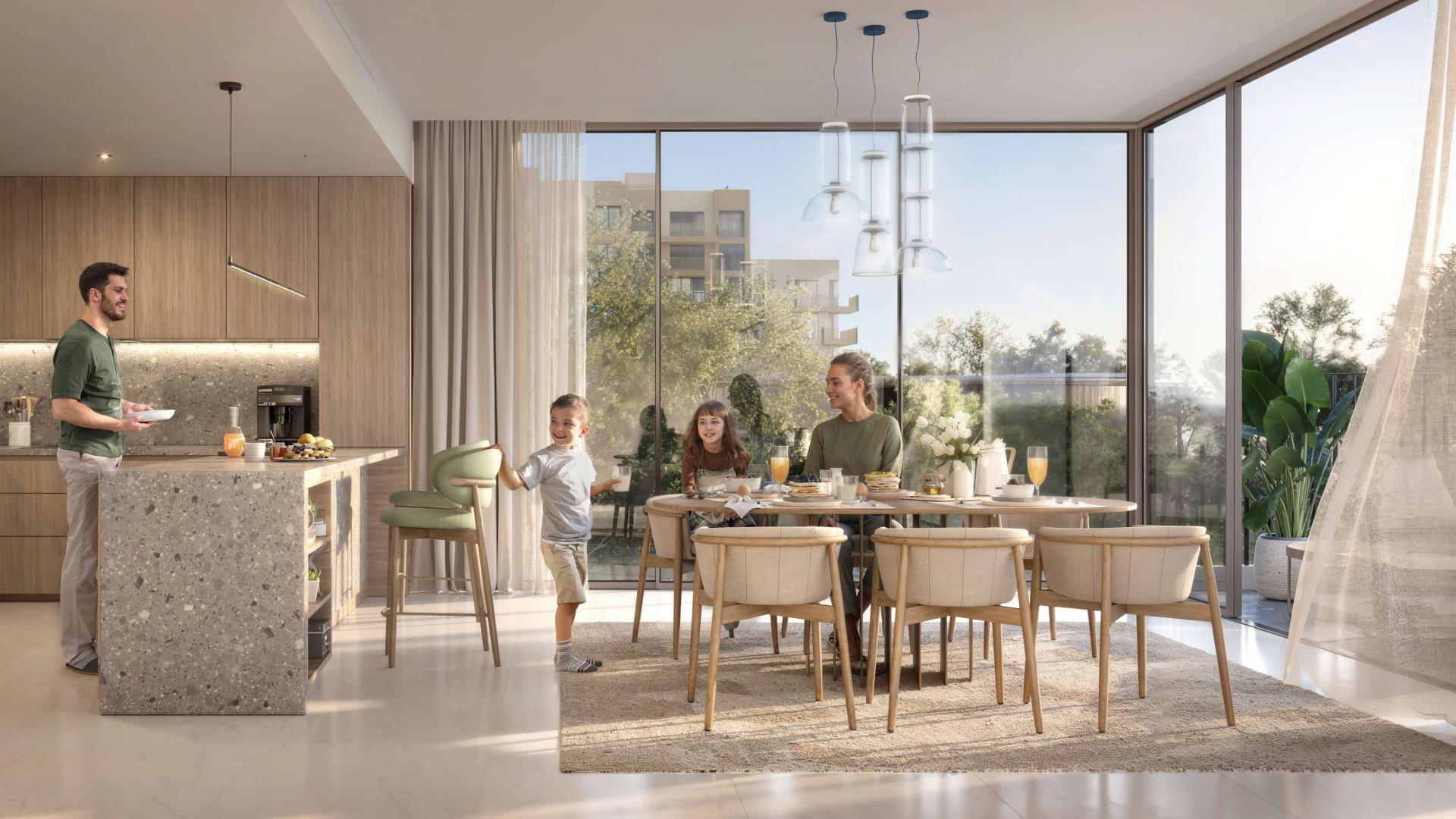 Modern living room in Ghaf Woods Capria 2-bedroom apartment, spacious and elegantly designed