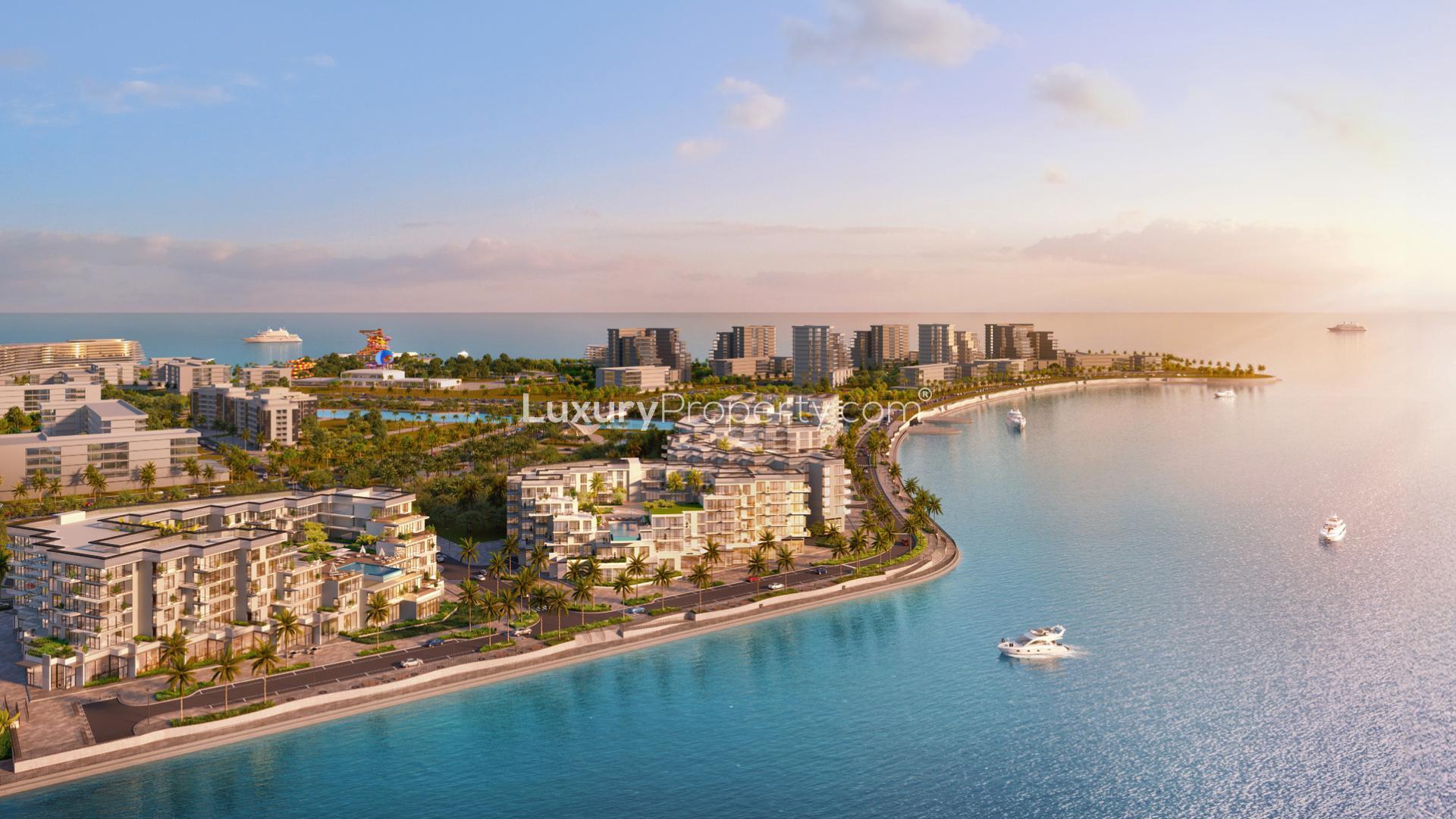 Aerial view of luxury coastal apartments in Qetaifan Island North, L Horizon by Elie Saab