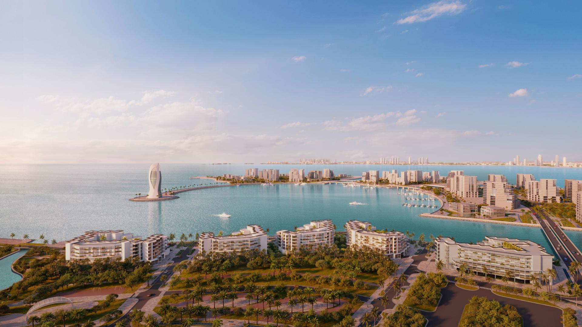 Aerial view of luxury apartments with oceanfront in Qetaifan, L Horizon by Elie Saab