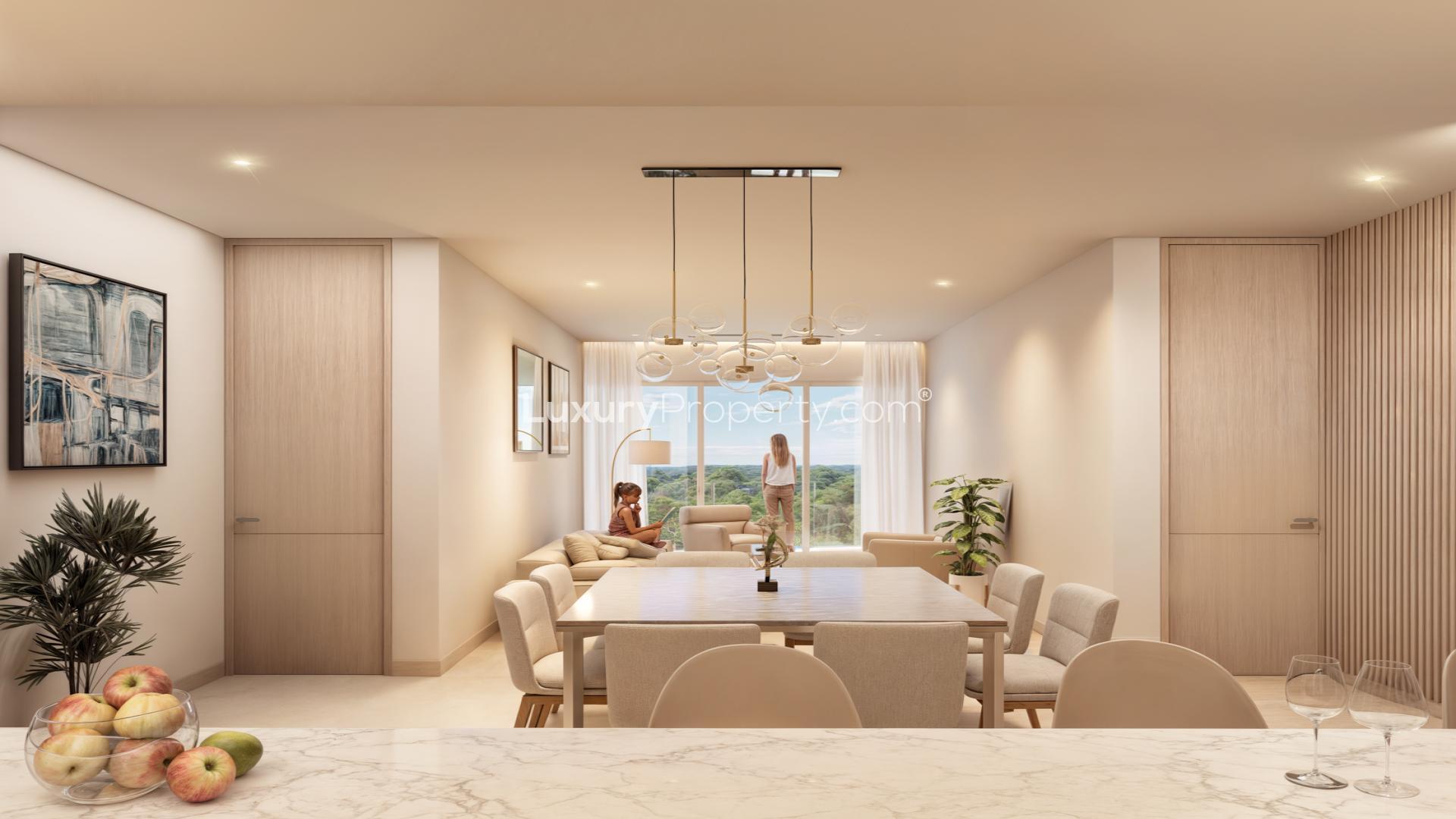 Elegant living and dining area in Cozumel Island apartment, The Stella, with sea view