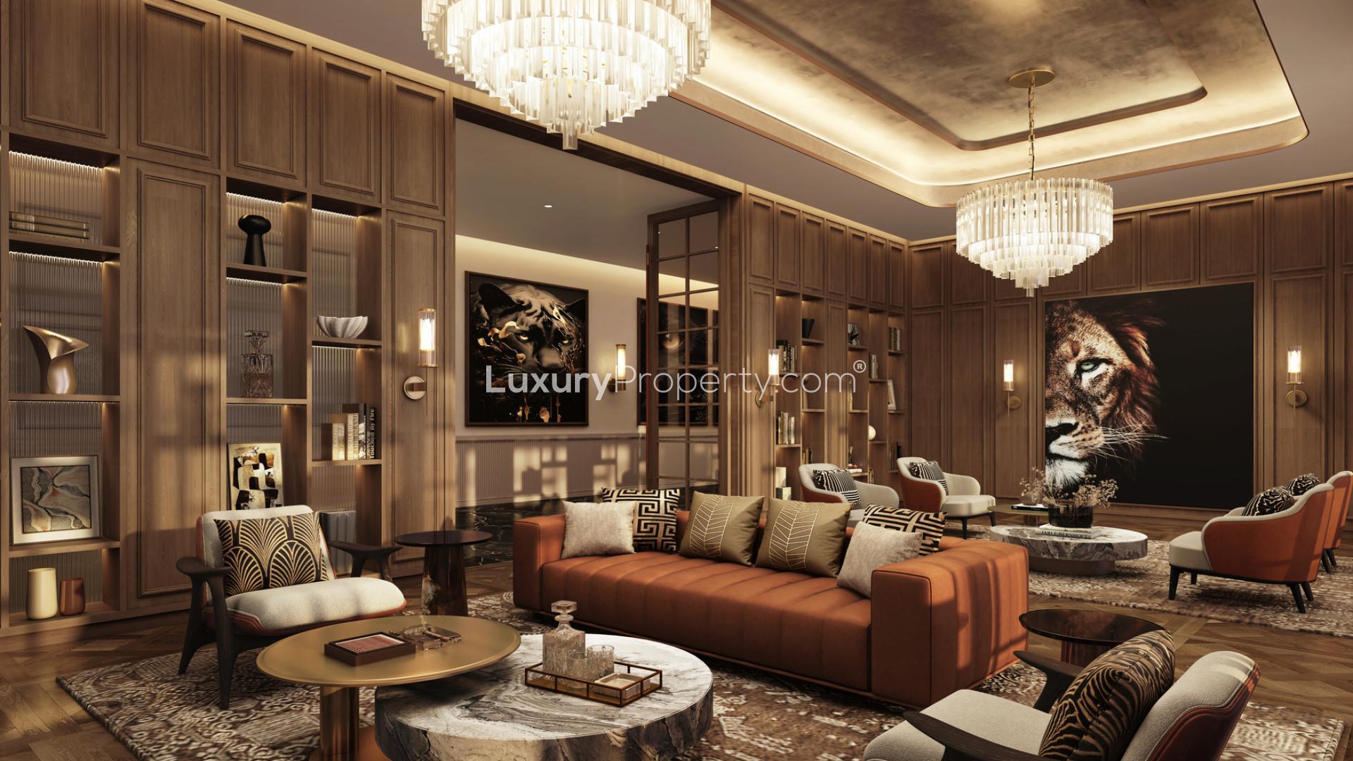 "Stunning Trump Tower Jeddah exterior, showcasing luxury apartment architecture at dusk.",Luxurious living room in 2-bedroom apartment at Trump Tower Jeddah, elegant decor and chandelier