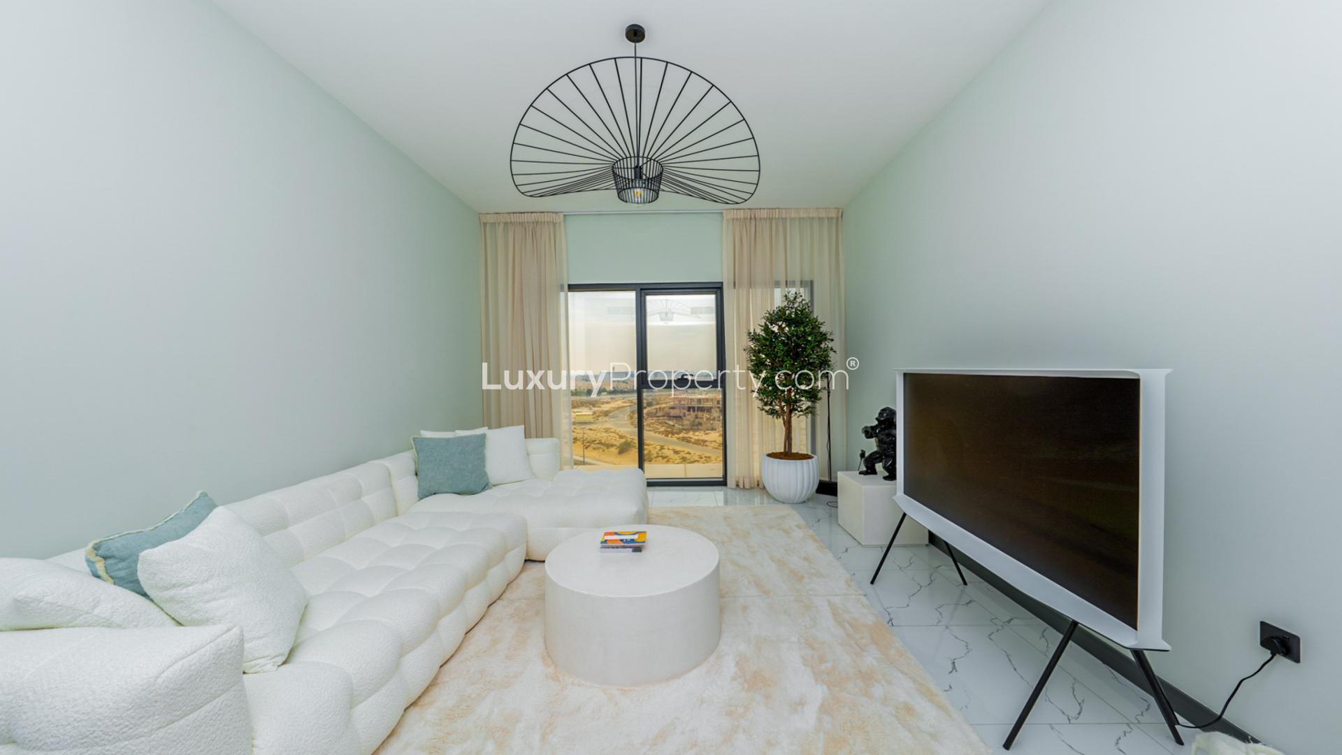 Stylish living room in 2-bedroom apartment for sale, Rukan Tower, Dubai Land