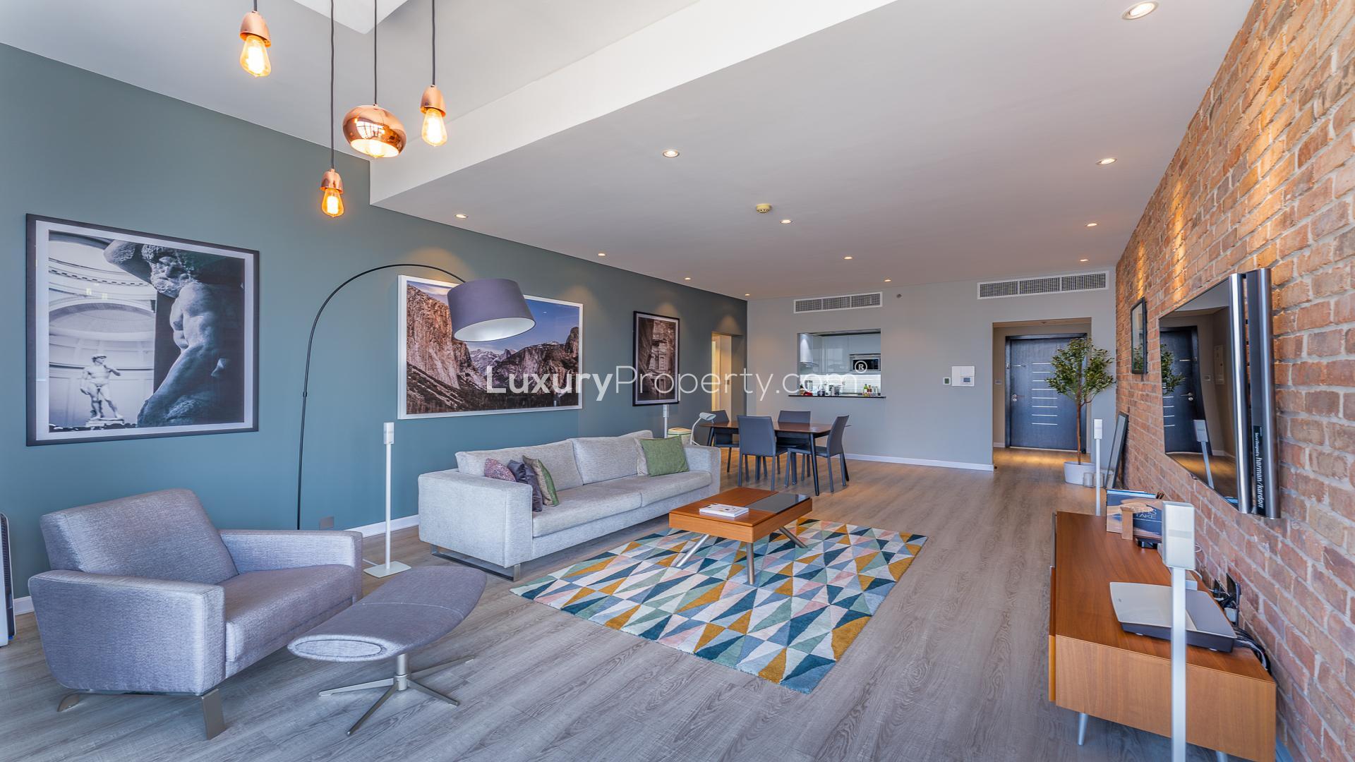 Modern living room in New York loft-style 2-bedroom apartment, JLT Cluster S, Dubai