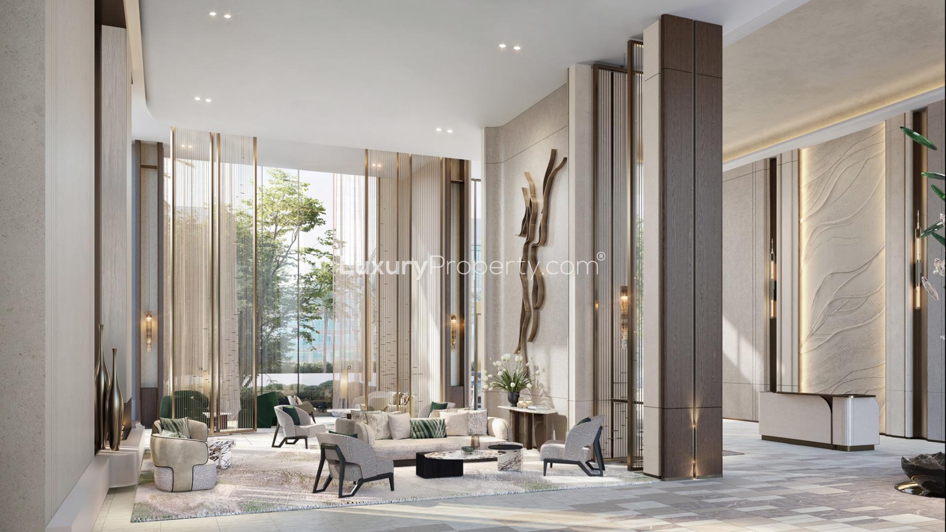 Modern waterfront skyscrapers at Atélis d3, Dubai Design District, showcasing luxury apartment living