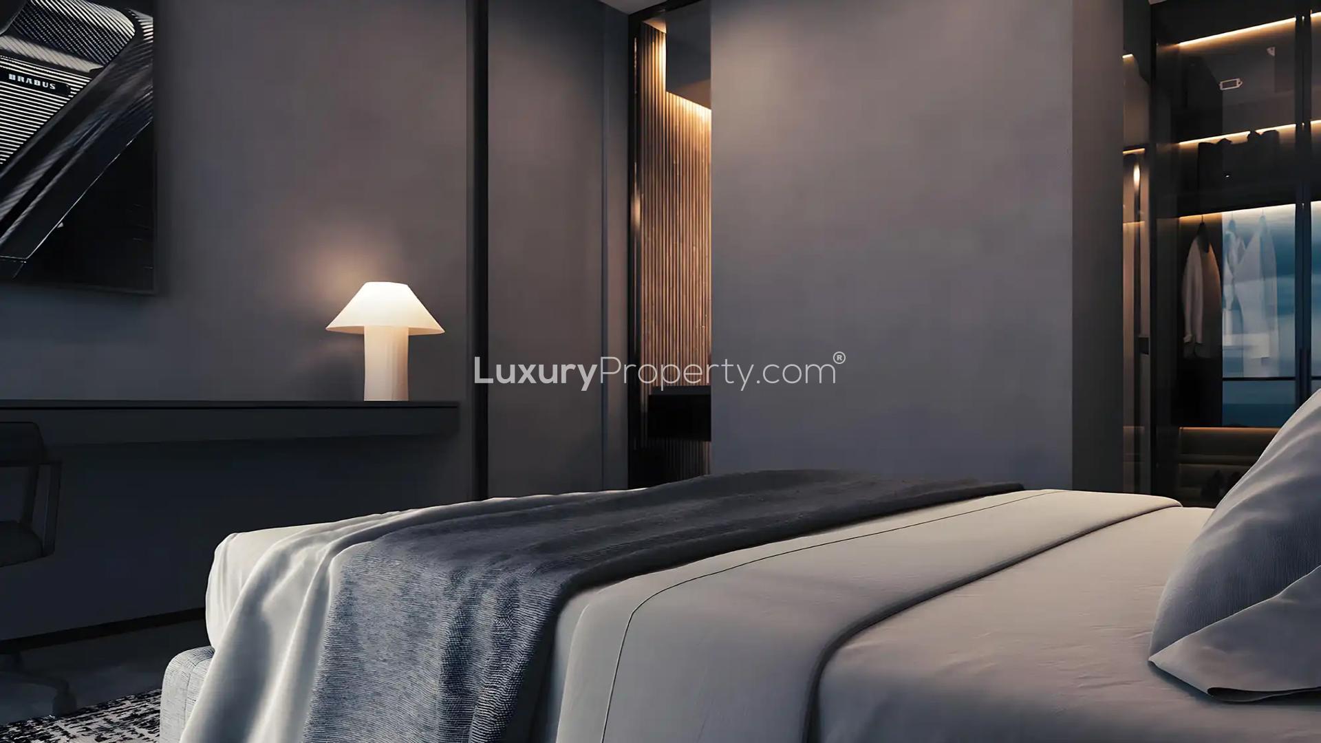 Luxurious lobby in designer waterfront apartment, Brabus Island, Abu Dhabi, with modern furnishings