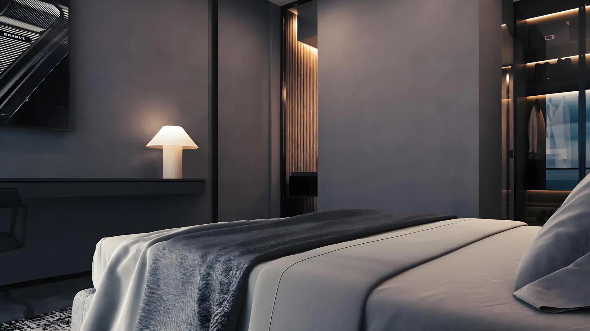 Luxurious lobby in designer waterfront apartment, Brabus Island, Abu Dhabi, with modern furnishings