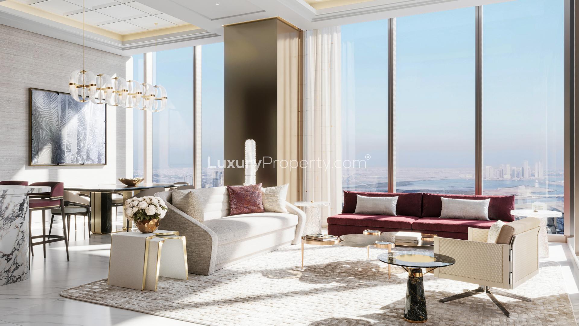 Luxurious interior of 2-bedroom apartment at Waldorf Astoria, Business Bay with marble accents