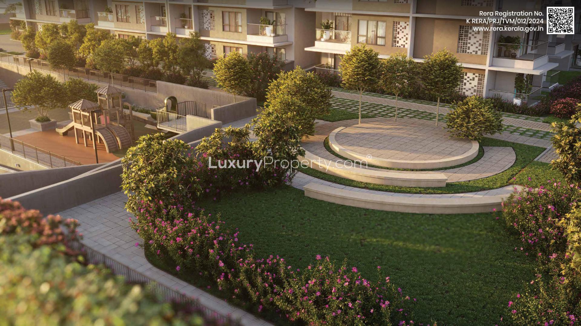 Luxurious living room at Sobha Ridge apartment, Trivandrum with modern decor and balcony view