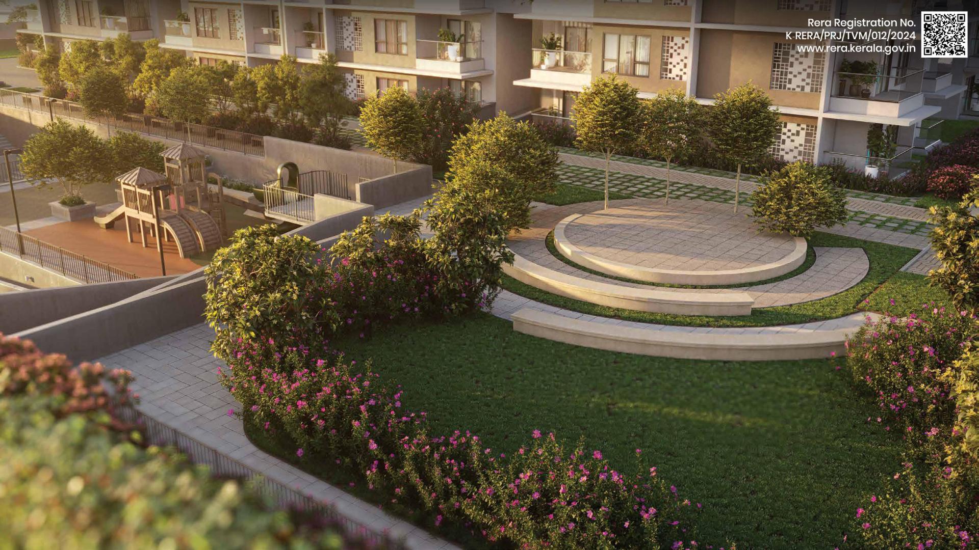 Luxurious living room at Sobha Ridge apartment, Trivandrum with modern decor and balcony view