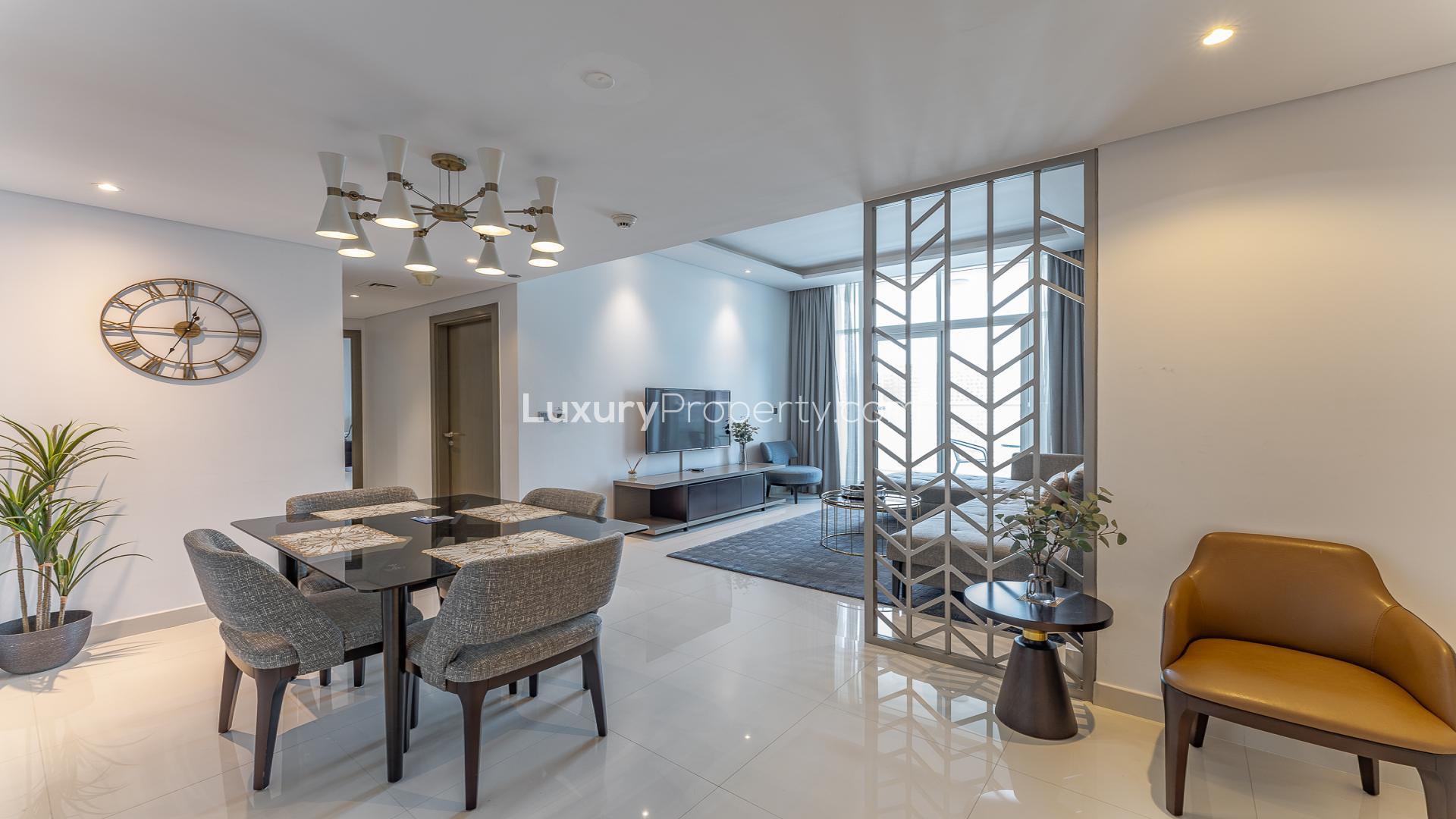 Modern living room in 2-bedroom apartment, Prive by DAMAC, Business Bay, Dubai