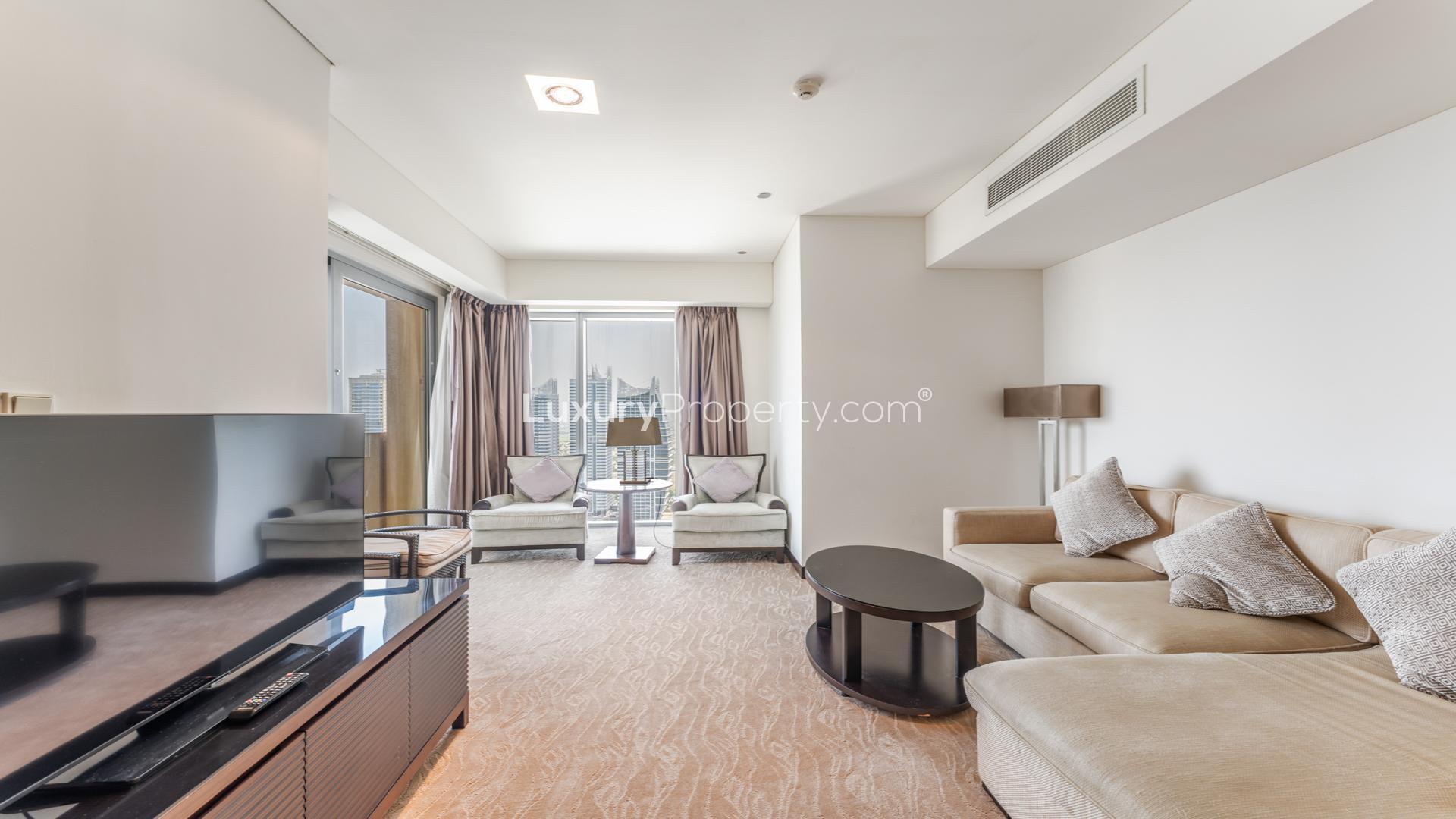 Dubai Marina skyline view from JW Marriott furnished apartment for sale, high-quality finishes