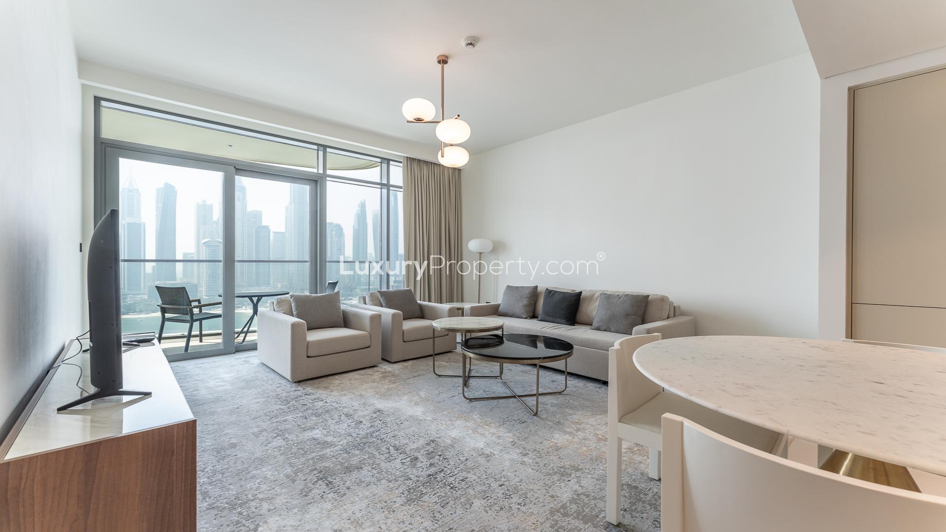 N/A,High-floor Marina Vista apartment living room with stunning Dubai Harbour views