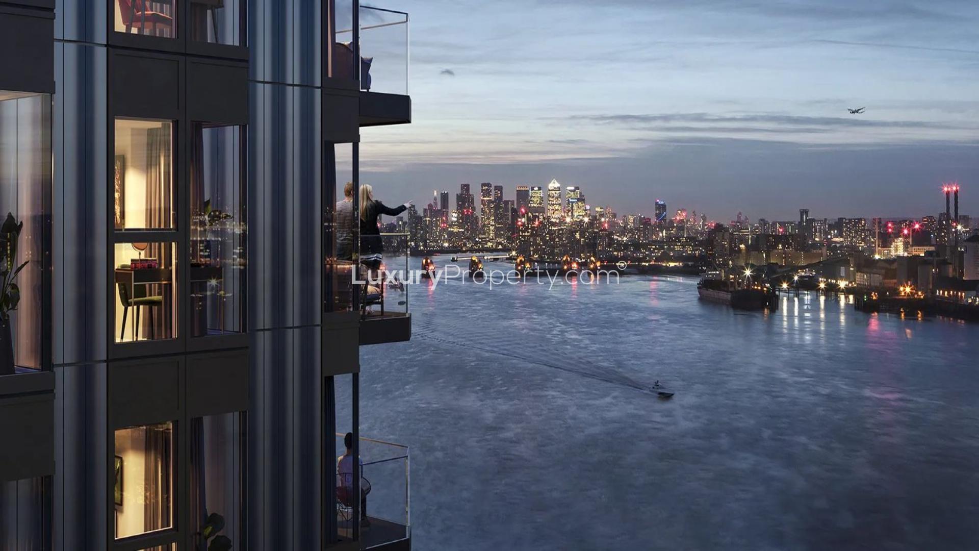 Modern kitchen and living area in Galley Wharf Apartment, Royal Arsenal Riverside, London