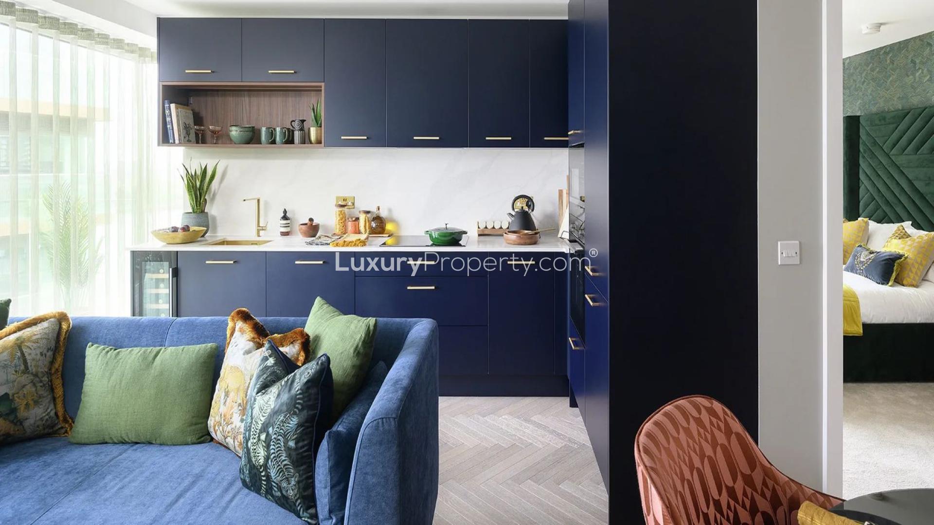 Modern living area in Galley Wharf Apartment, Royal Arsenal Riverside, London