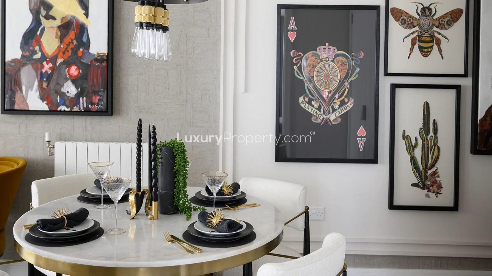 Modern kitchen in elegant two-bedroom apartment, West Quay Woolwich, Royal Arsenal Riverside, London